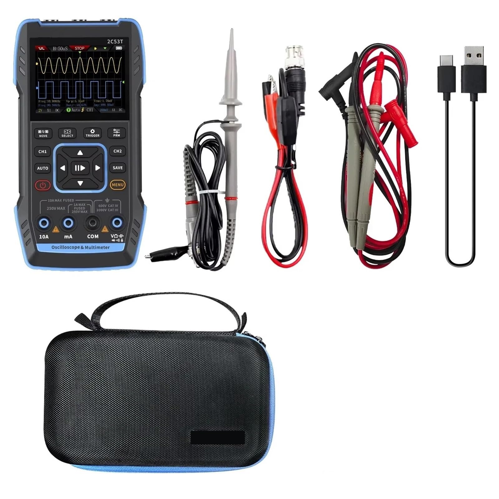 Oszilloskop-Multimeter 2C53T 3in1 Oszilloskop Multimeter Signal Generator 50MHz Bandbreite 250MS Rate Dual Channel 20000 Zählt,zur Messung