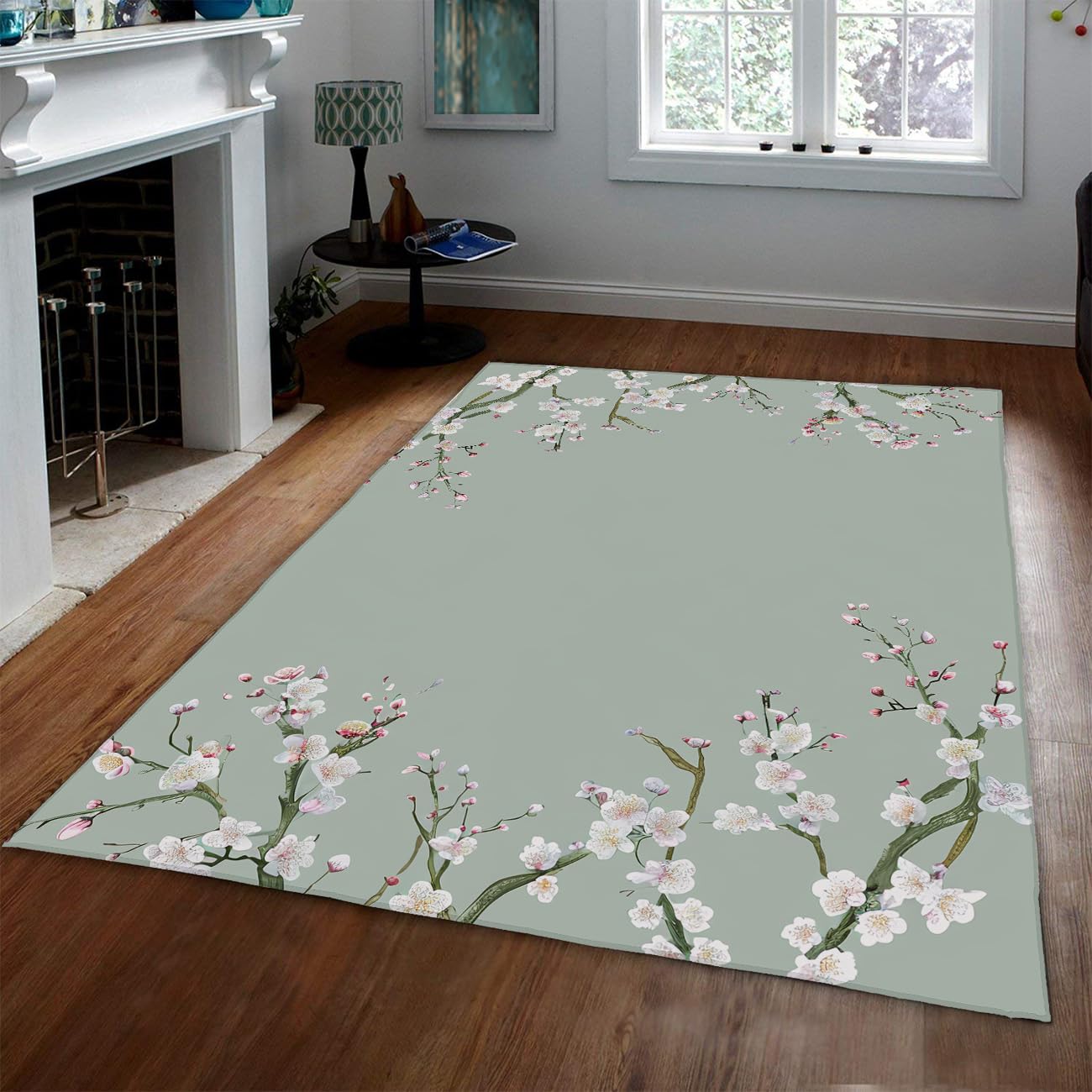 100x200cm Tapis Fleuri Rose Fleurs de Cerisier Vert Sauge Rugs Oriental Japonais à Poil Bas Lavable pour Salon Chambre Tapis de Sol