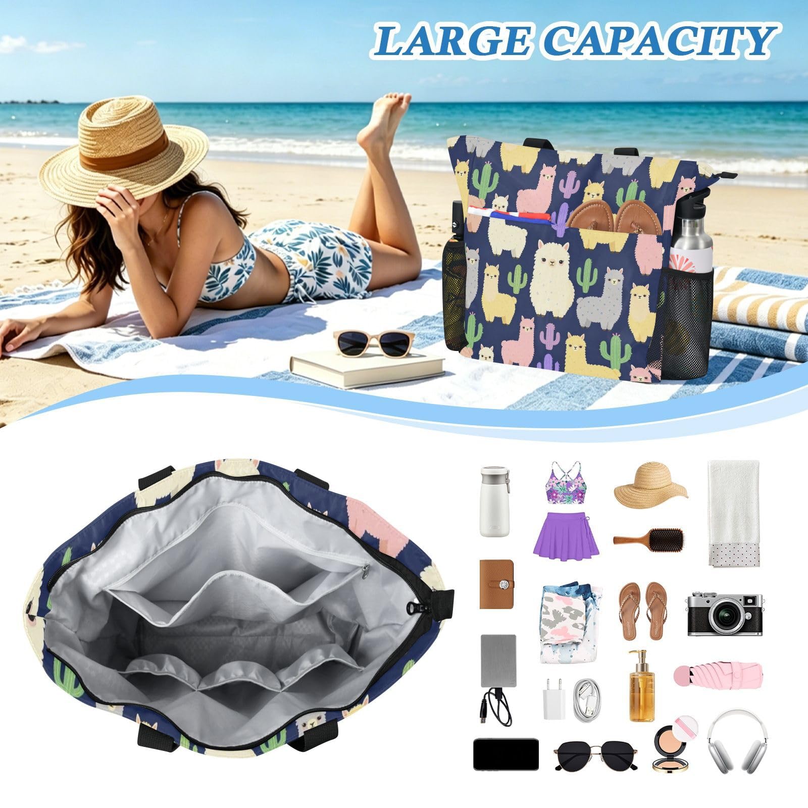 JUNZAN Bolsa de playa resistente al agua de gran capacidad con múltiples