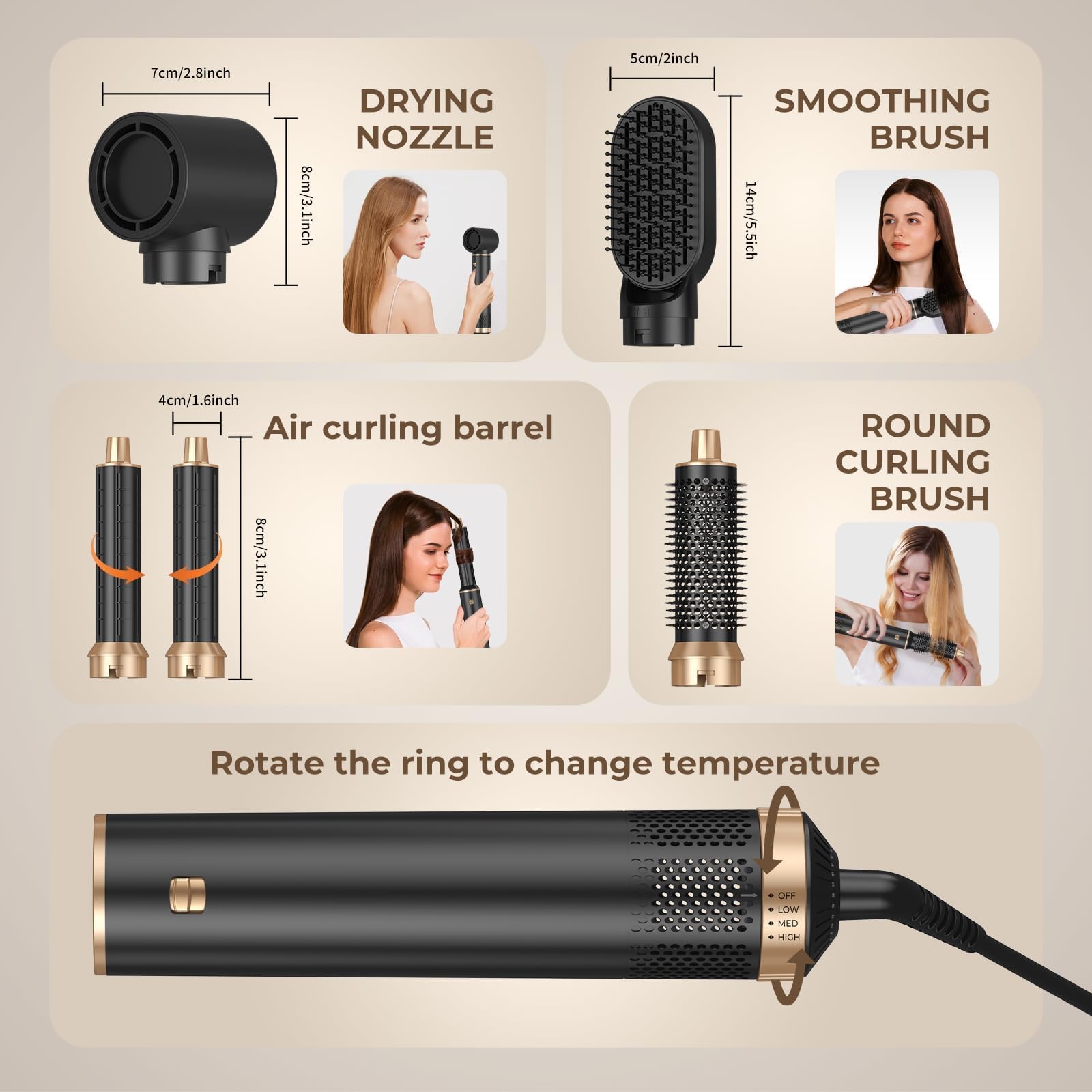 Hair Styler 5 in 1, Airstyler Haarstyler Set 1000W, Multifunktionaler Hairstyler mit 5 Ersatz, Lockenstab Automatisch, Glätteisen, Zum Styling, Volumisieren, Locken und Glätten (Schwarz)