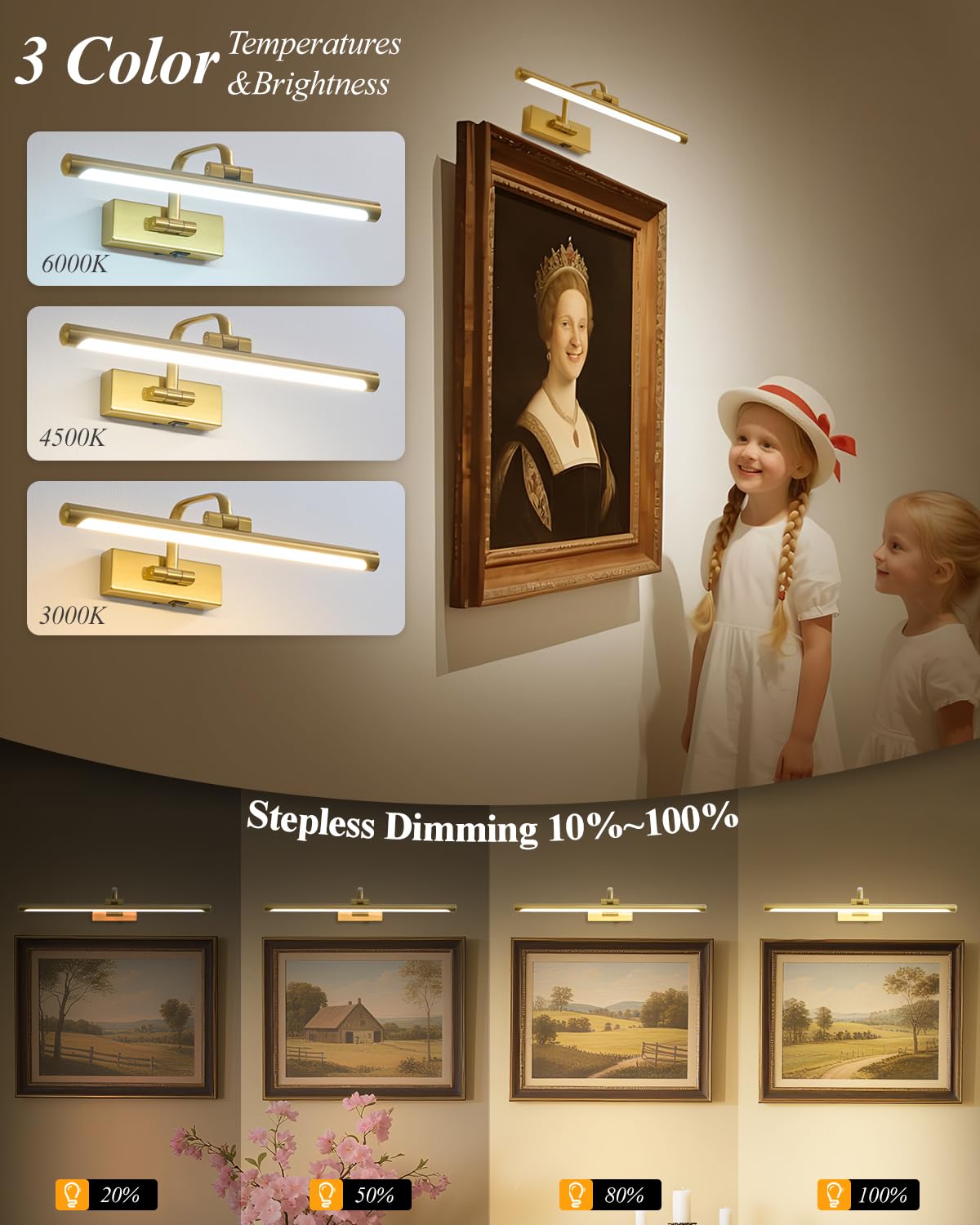 Kabellose Bilderleuchte für Wand, wiederaufladbares Licht für Bilder mit Fernbedienung & Timer, 40,6 cm dimmbares Goldkunstlicht für Gemälde, batteriebetriebene LED-Wandleuchte mit 3CCT für