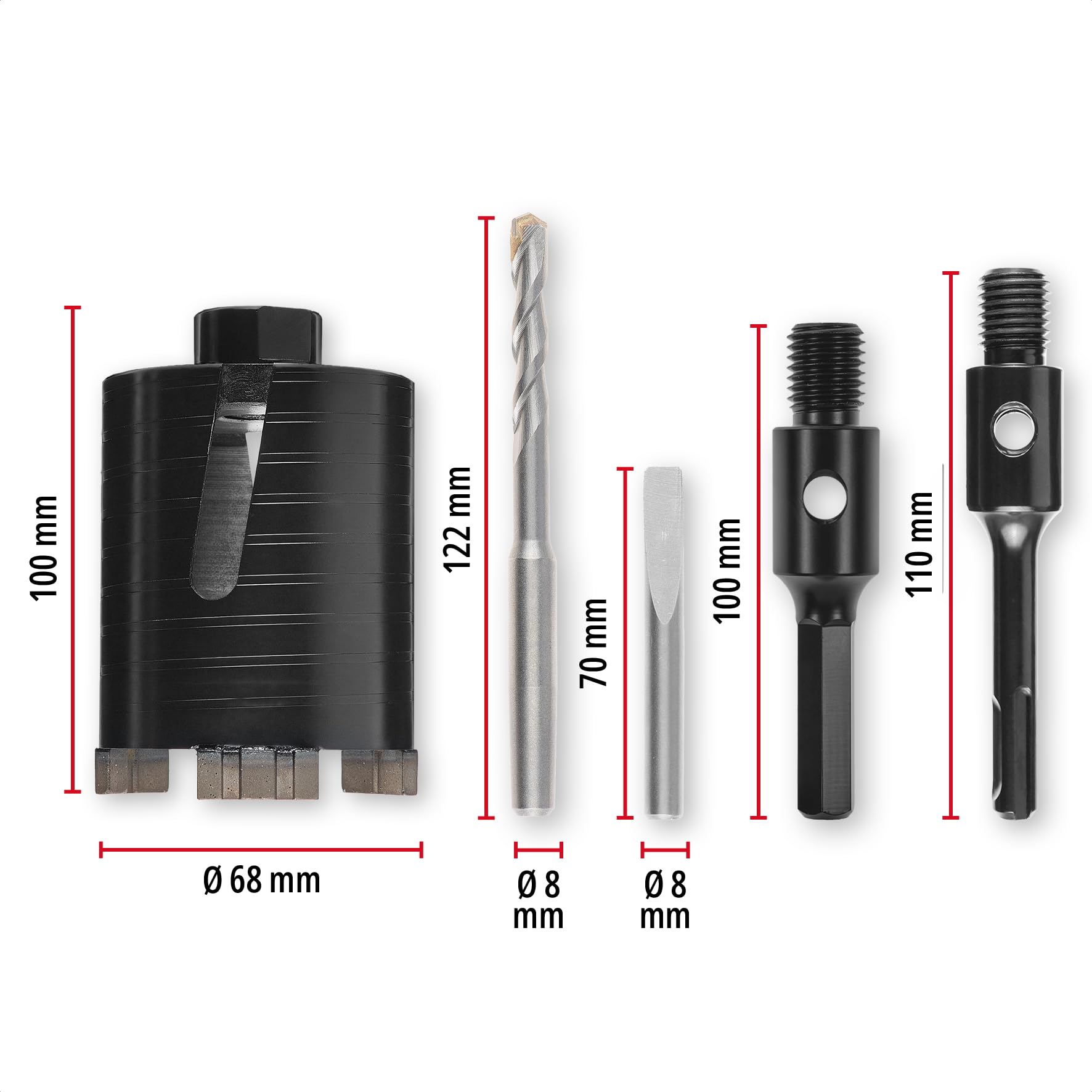 Original Einhell Diamant-Hohlbohrkrone Ø 68 mm (Diamantsegmente, effiziente Staubabfuhr, Adapter, exakte Bohrführung, SDS-Plus Schaft)