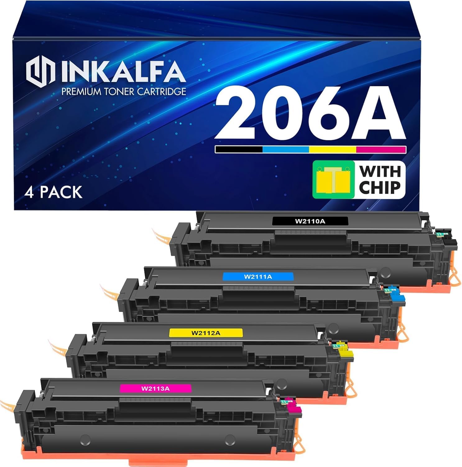 206A 206X Toner Cartridges 4 Pack(with Chip) Replacement for HP 206A W2110A 206X 206 W2110X Work for HP Color MFP M283fdw M283cdw Pro M255dw M283 M255 Series Printer Ink (‎Black Cyan Yellow Magenta)