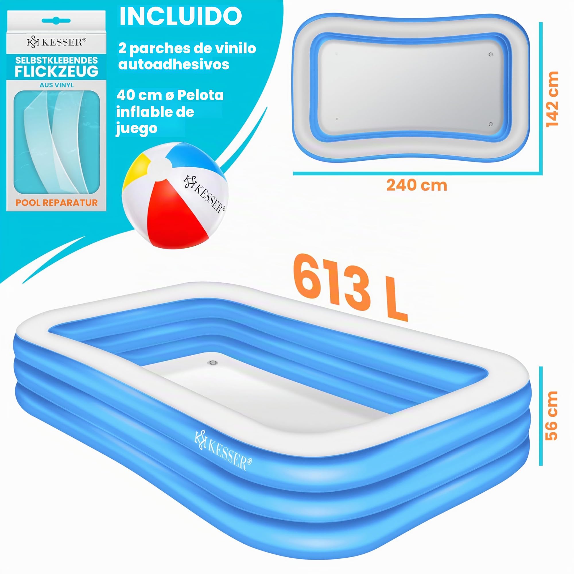 KESSER® Piscina Familiar Inflable para Niños y Adultos, de Jardín y Verano, 240 x 142 x 56 cm, 613 Litros, con Agujeros de Drenaje