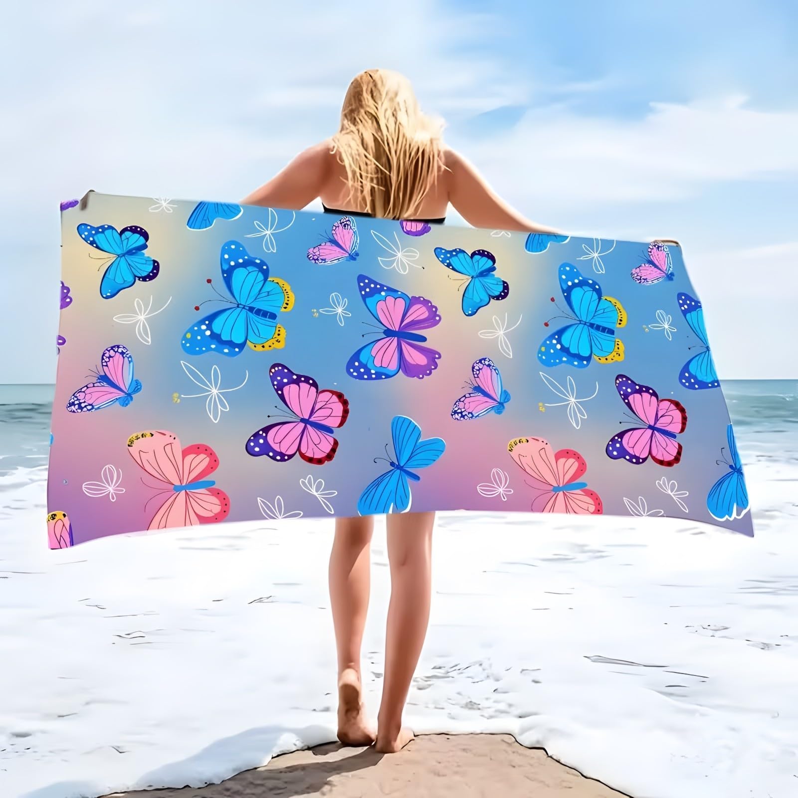 Yzqglhp Women's Butterfly Microfibre Beach Towel Fantasy Beach Bath Towel Quick Drying, Lightweight, Sand-Free, Durable, For Pool, Gym, Camping, Travel Towel 90X160cm