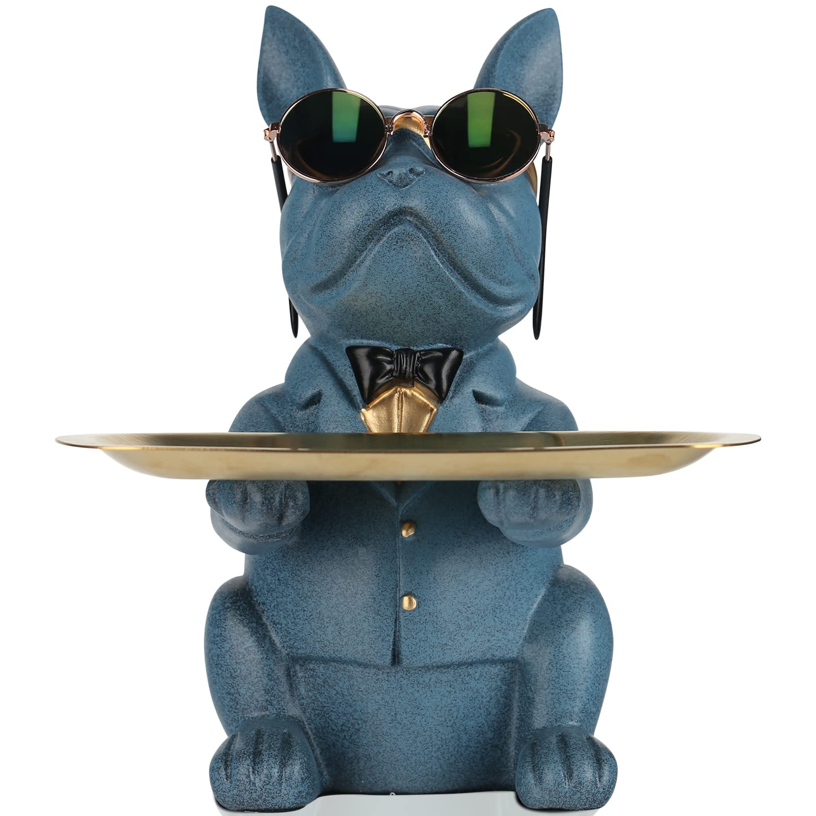 suruim Resin Bulldog Desk Storage Statue Animal Sculpture Table Decoration Multifunction Office Home Decor Coin Piggy Bank Storage Tray (Blue2)