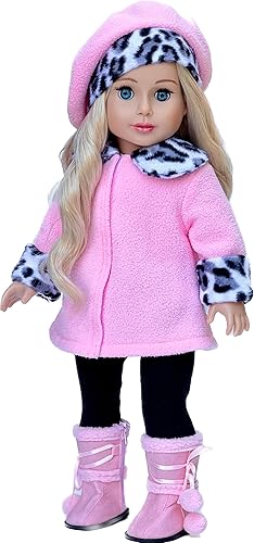 - Elegance - Conjunto de muñeca de 4 piezas de 18 pulgadas - Abrigo de forro polar rosa, sombrero a juego, pantalones marrones y botas Sherpa -
