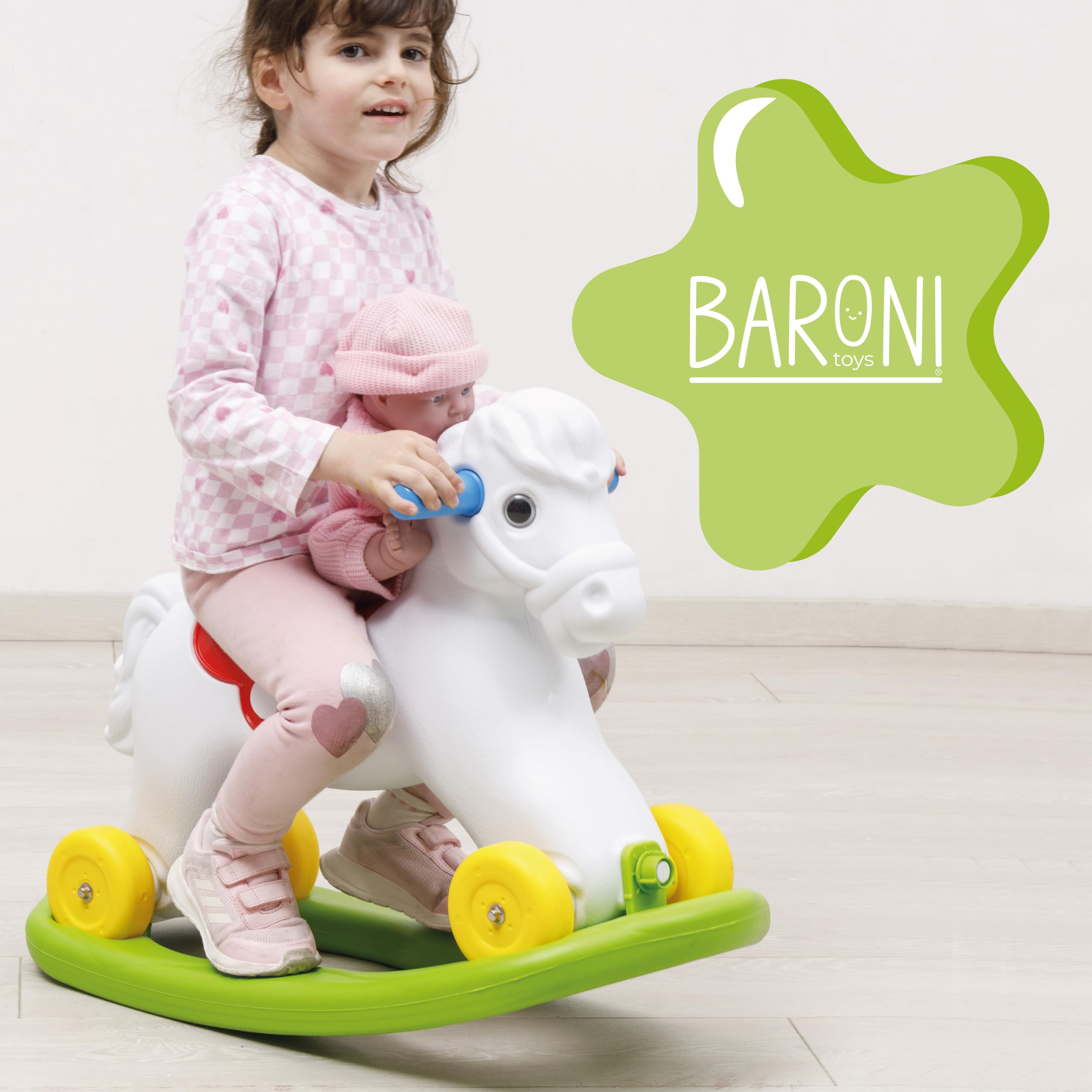 Baroni Toys Caballo balancín 2 en 1, Base balancín Desmontable, Caballo para Montar y con Ruedas, 2-5 años, 70x49x30 cm (Caballo Blanco)