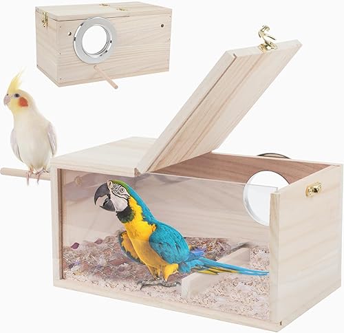 Rypet Caja de nido de periquitos con diseño transparente, caja de cría de nido de pájaros con perca de madera para pájaros de cacatúa, agapornis,