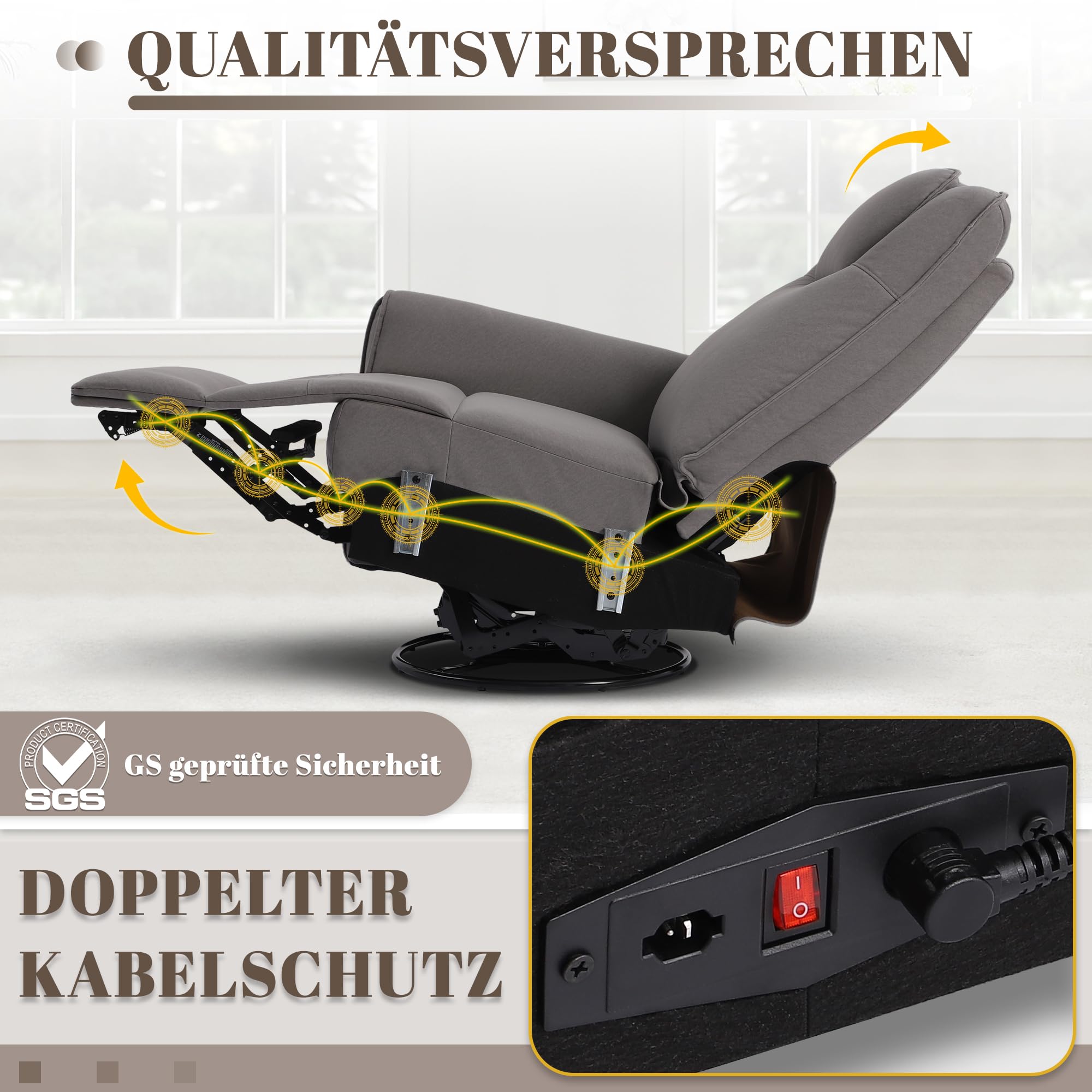 Elektrischer Relaxsessel mit Massage und Wärme, Fernsehsessel 270° Drehbar mit Liegefunktion, Massagesessel mit Schaukelfunktion für Wohnzimmer (Grau)