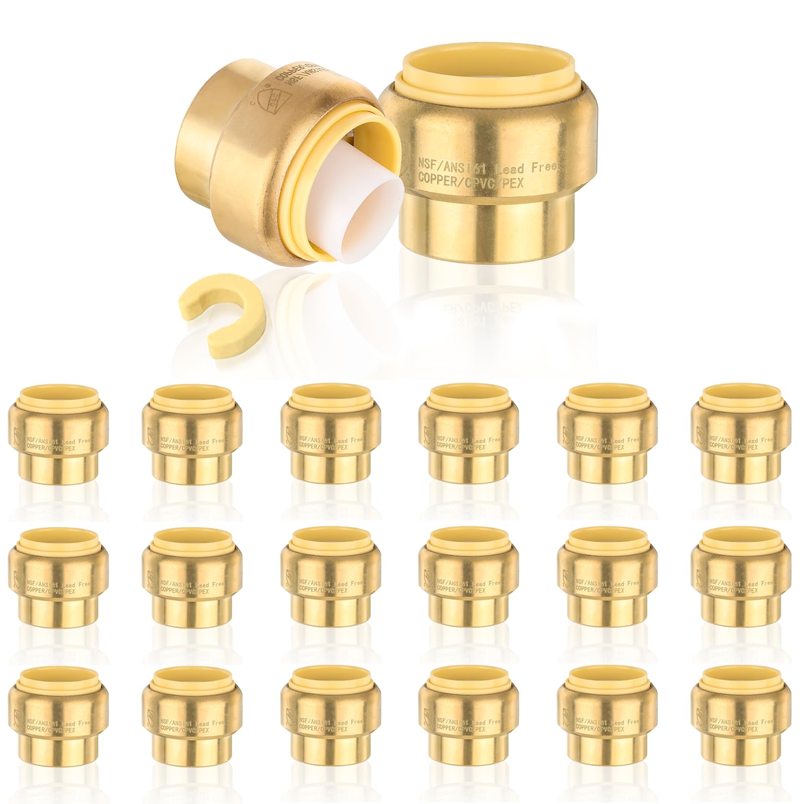 HeSun 20-Pack Pushfit Plug (End Cap), 1/2-Inch Push to Connect Plumbing Fittings with Disconnect Clip, Brass Push-fit Fittings for PEX, Copper, CPVC,
