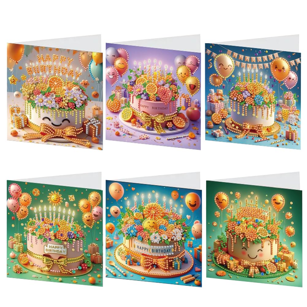 Aodejoy 6 PCS DIY Diamond Painting Greeting Card Set, Birthday Theme Rhinestone Diamond Art Mosaic Postcards Diamond Art Greeting Cards for Birthdays Thanksgiving & Special Occasion-01