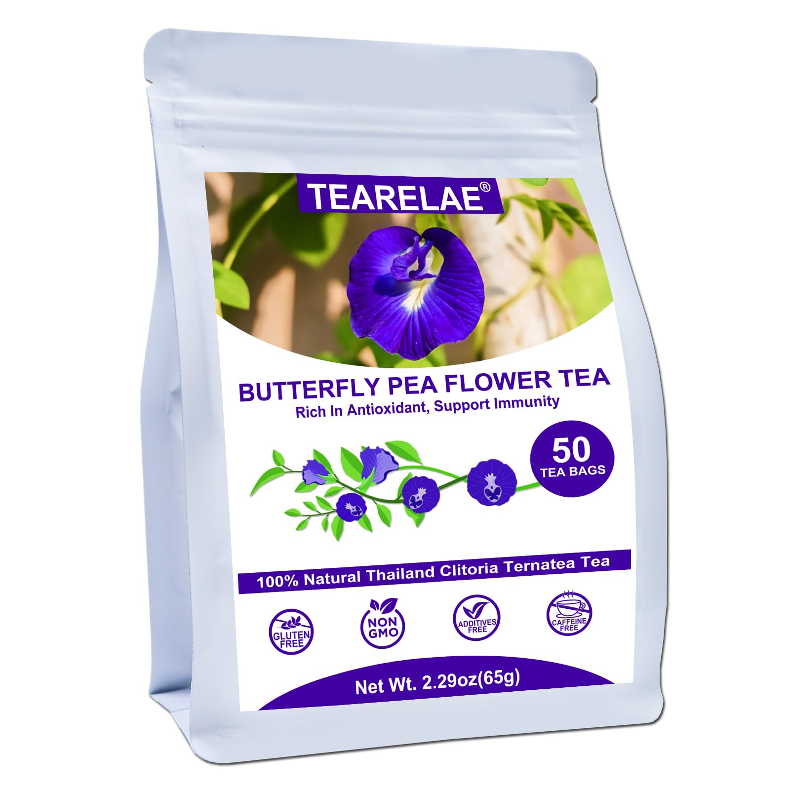 TEARELAE - Butterfly Pea Flower Tea - 50 Count Butterfly Pea Flower Tea Bags - Natural Coloring for Food, Baking, Iced Tea - Caffeine-Free, Non-GMO