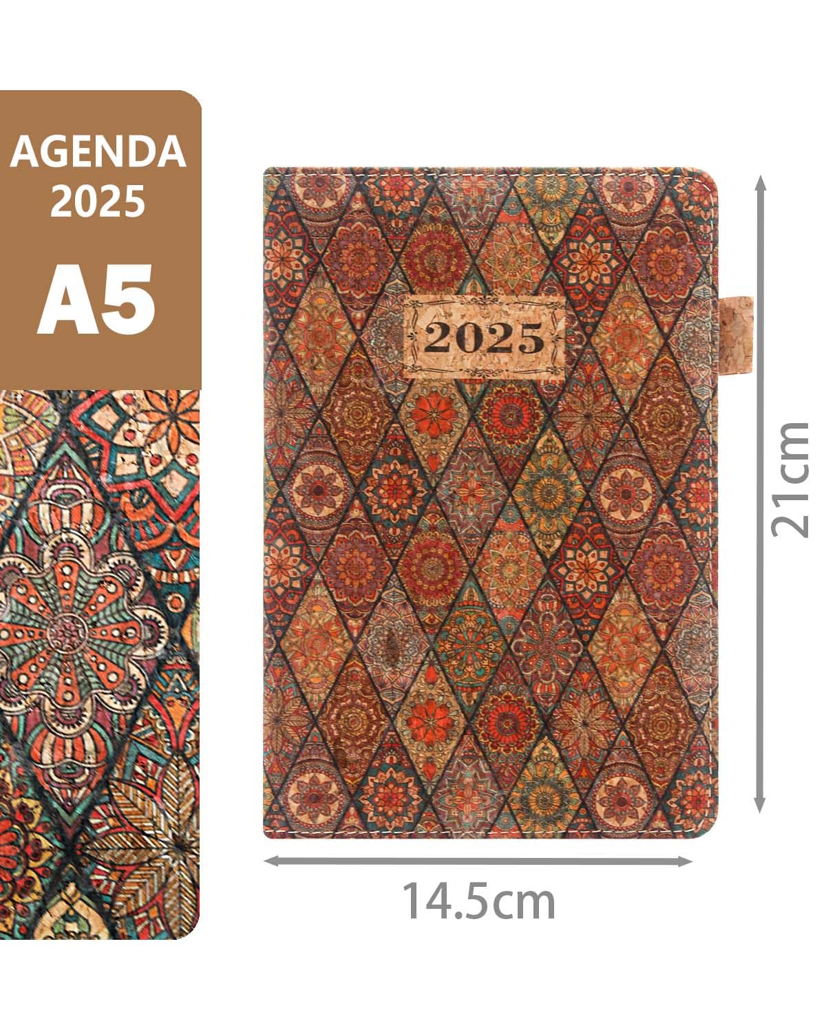 HW CASA Agenda 2025 Stampata in Stile Bohémien con Copertina Rigida,Formato A5,200 Pagine,Pelle Vegana con Venature del Legno Simulata,Etichette Mensili Colorate,Con Passante per Penna,Quadrilatero