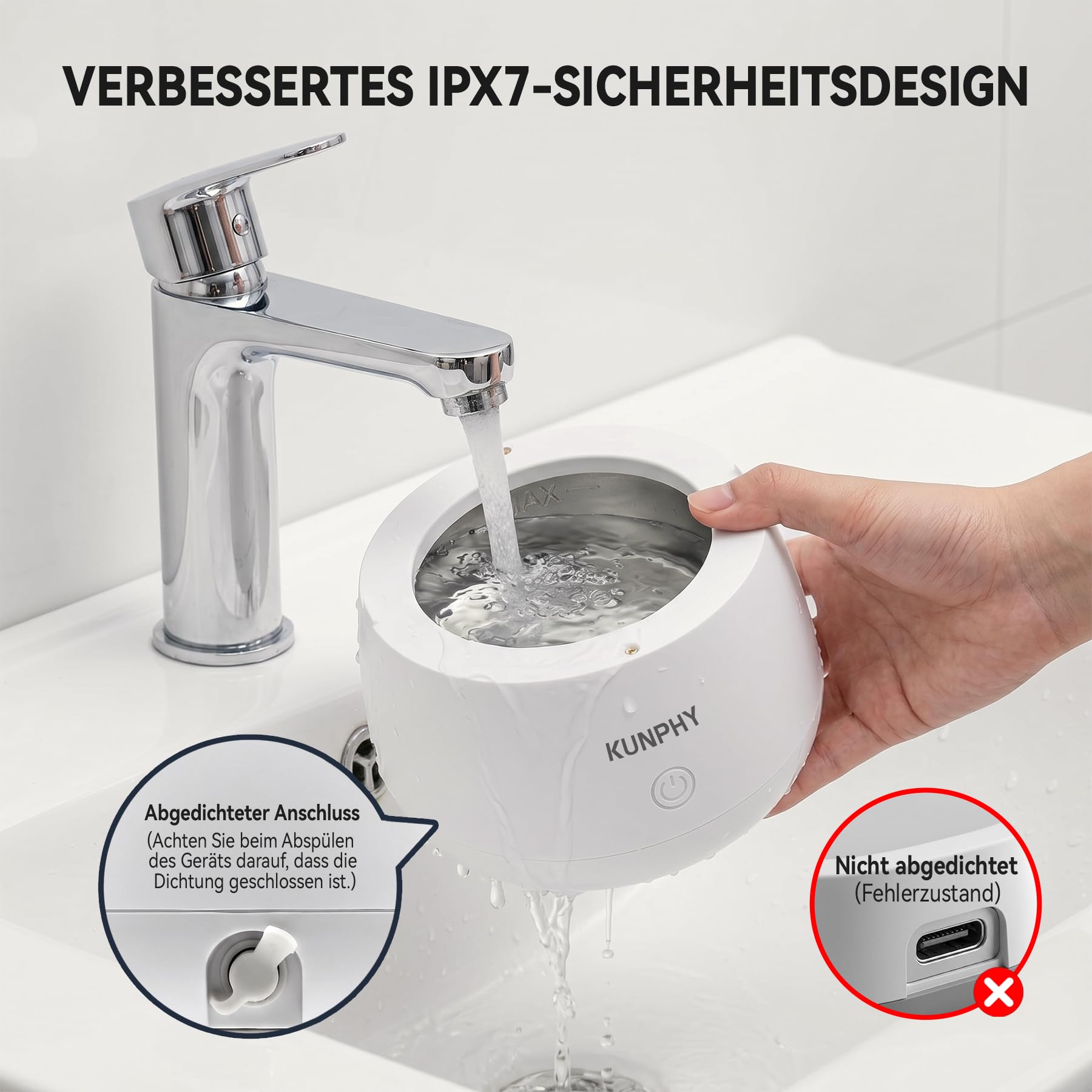 KUNPHY Ultraschallreinigungsgerät, 48kHz Dental Pod | 200ml, Ultrasonic Cleaner for Zahnersatz, Retainer, Aligner, Prothesen, Zahnbürstenkopf, Schmuck Schwarz, IPX7 Wasser-feste