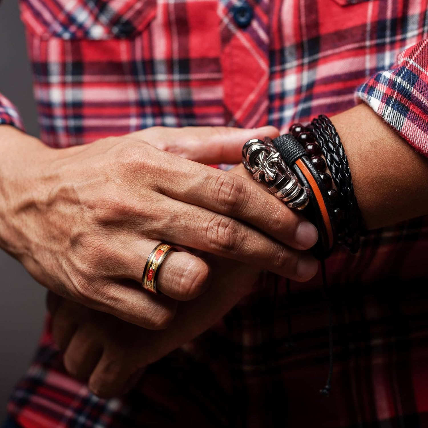 8mm Men's Tungsten Ring Engagement Wedding Ring, Red and Gold Inlay, Black Shiny, Size 7-14, Comes with Gift Box - Image 2