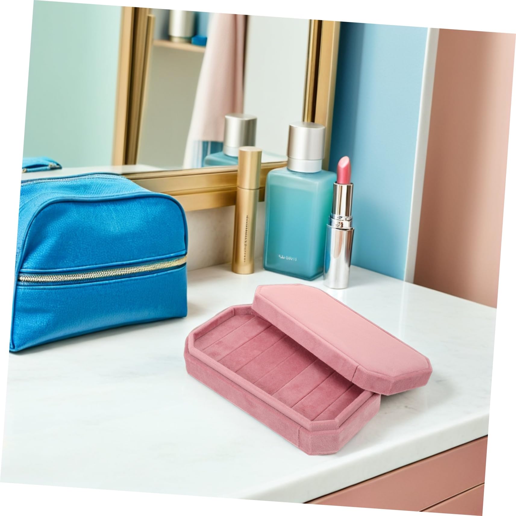 Gatuida Caja Pequeña para Joyas Rosa Organizador Octogonal de Terciopelo con Tapa Estuche Portátil para Almacenamiento y Protección de Anillos y Pendientes