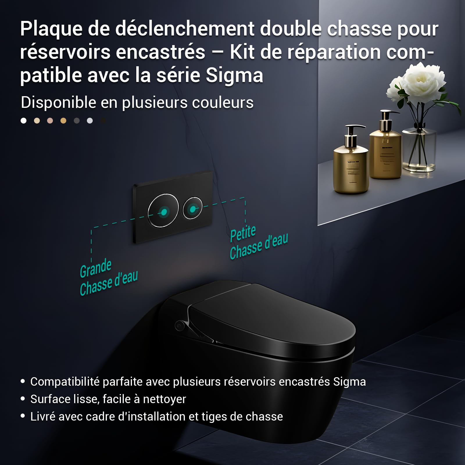 Empyreal Actuator plaque de remplacement pour réservoir de WC, avec tige de chasse et cadre de fixation, convient à Geberit Sigma 20 série 115.882, double chasse, 1 pièce (noir avec anneau argenté).