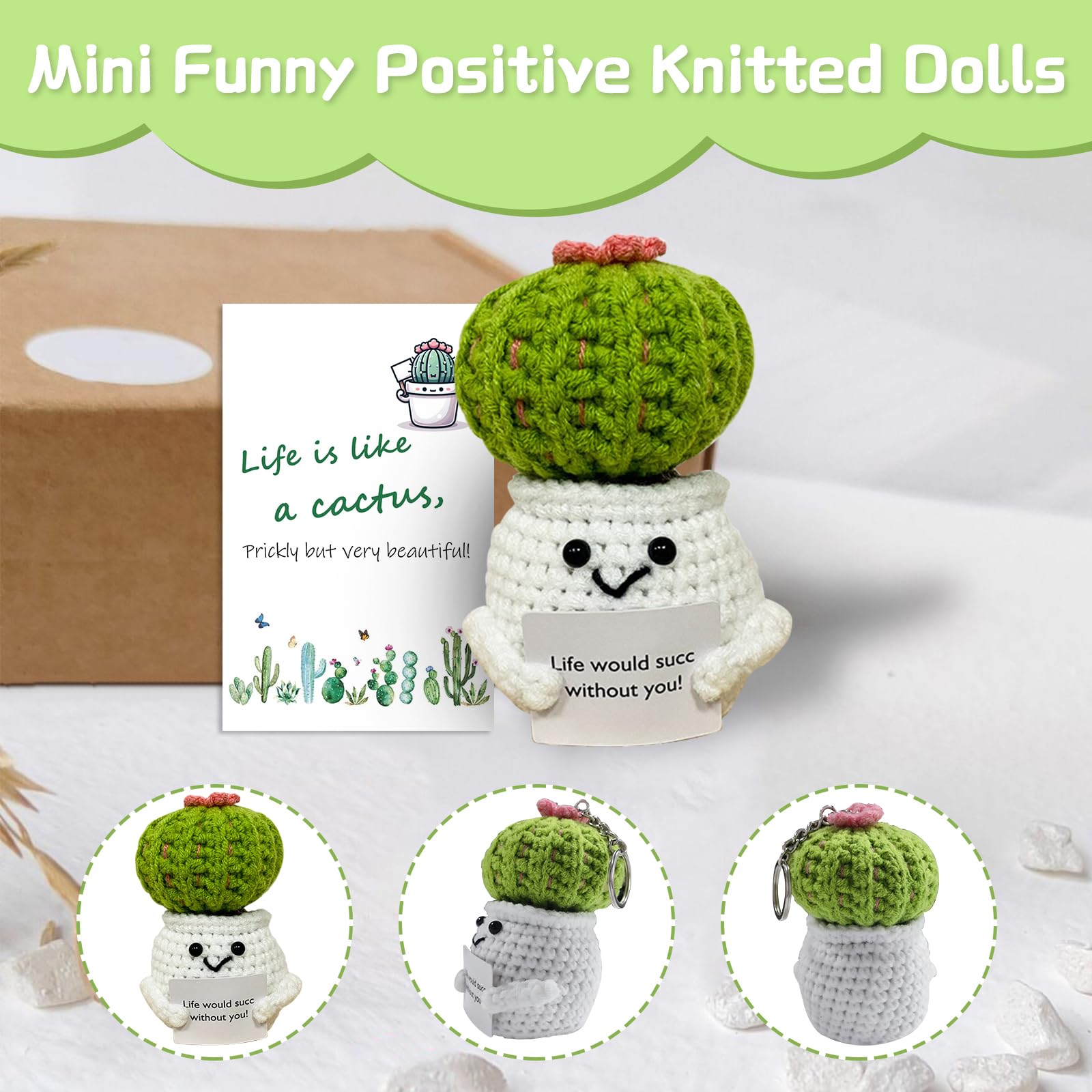 Pocket Hug Fröhlicher Kaktus - Süße Gestrickte Kaktus Puppe Mit Dankeskarte 'Schön, Dass Du Da Bist'