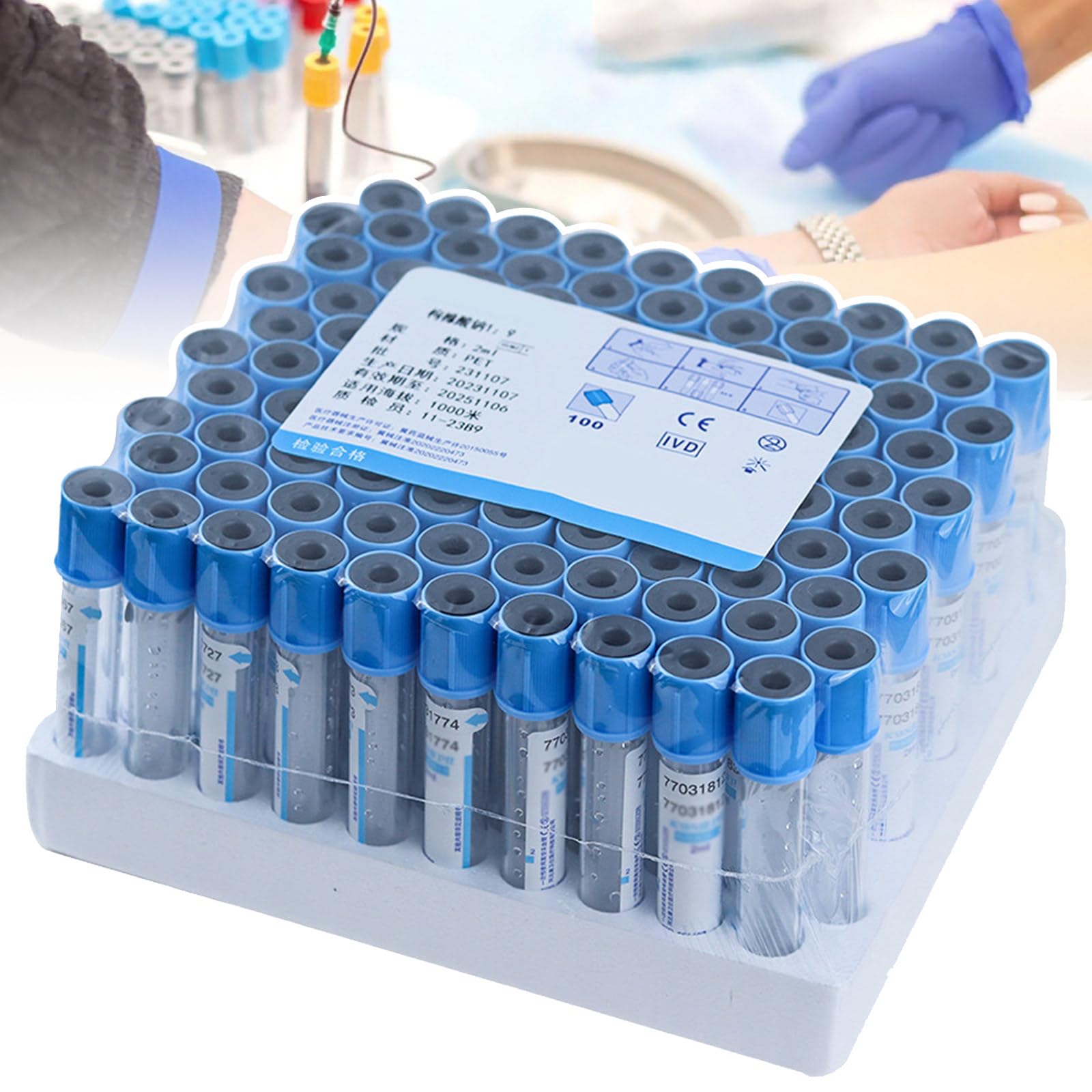 100 Provette per Prelievo di Sangue Sottovuoto, Provette in Vetro Sottovuoto da 2 Ml/5 Ml/10 Ml con Tappo A Vite Blu, Provetta Monouso Sterile in Citrato di Sodio 1:9, per Laboratorio,10ML