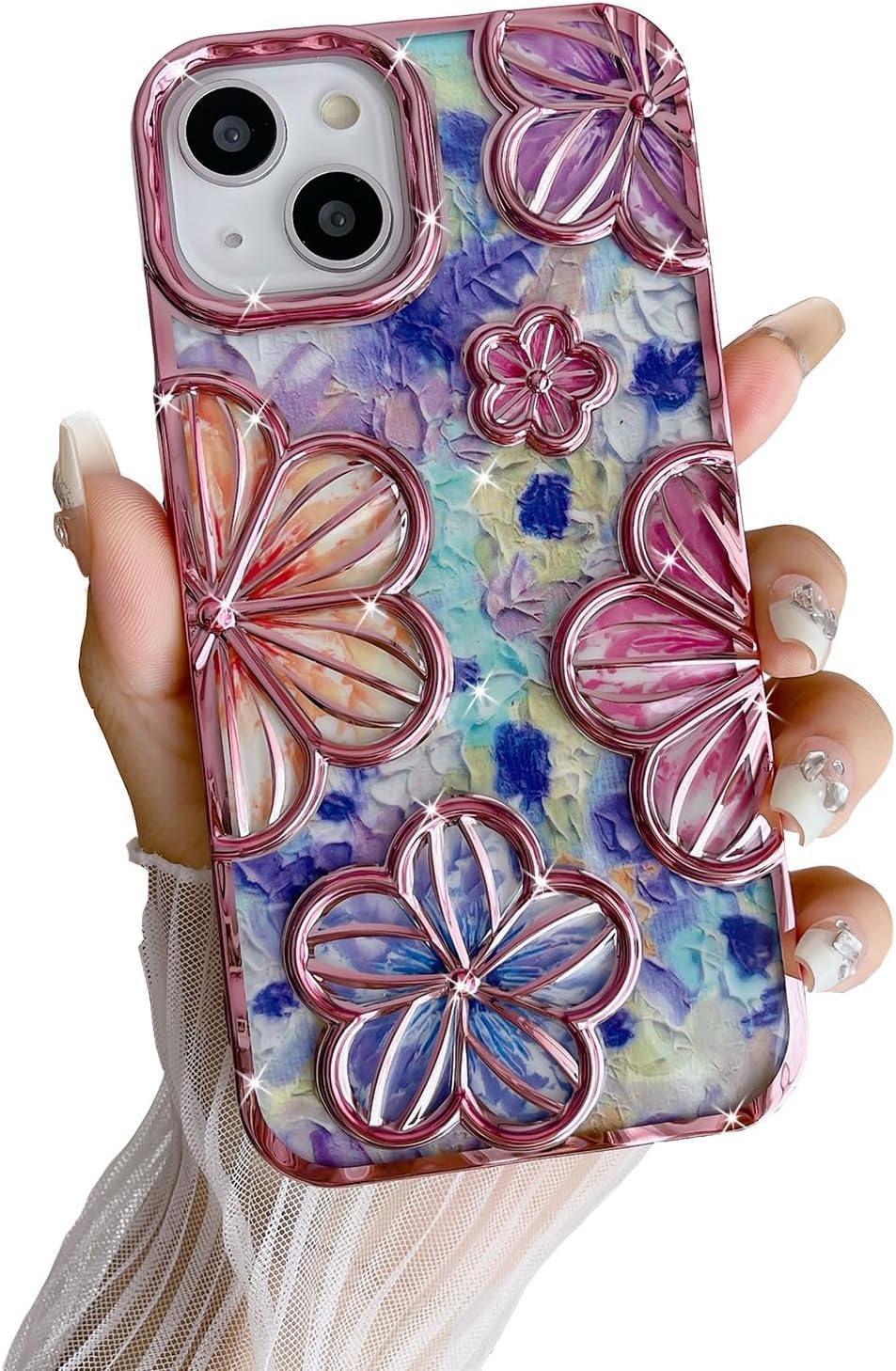 mobistyle Compatible with iPhone 15 Plus Phone Case Plating Bling Colorful Floral 3D Clear Cover Soft TPU Camera Protection Shockproof Back for Women Girls iPhone Case (Pink Electroplating Floral)