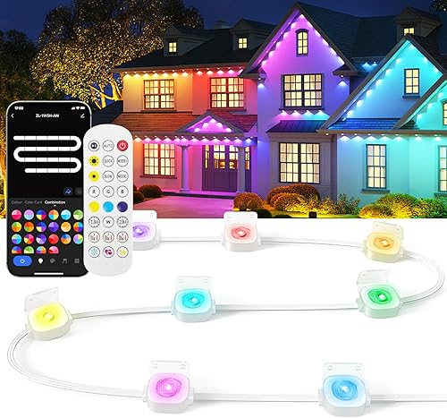 Luces permanentes para exteriores de 100 pies, luces RGB inteligentes para exteriores con 60 LED, 8000 horas de larga vida útil, impermeables, luz