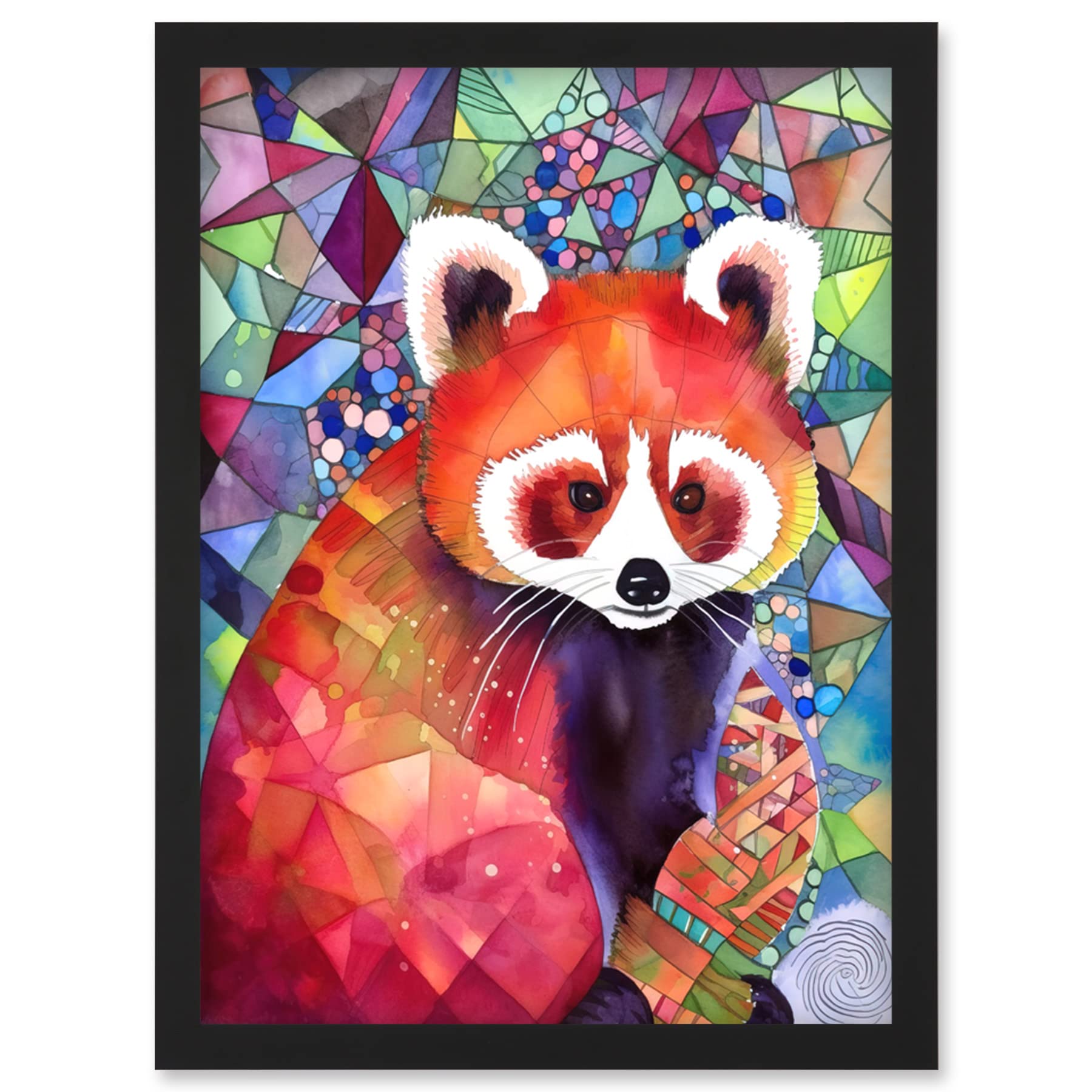 Artery8 Red Panda Polygon Pattern Folk Art Artwork Framed Wall Art Print A4