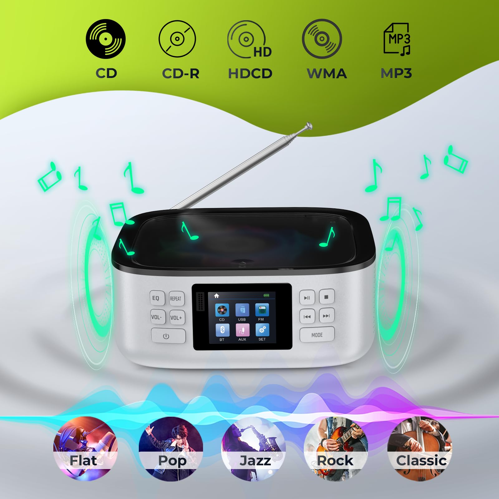 [2026 New] ARAFUNA Lecteur CD Portable pour la Maison, Boombox Rechargeable, Lecteur CD Bluetooth avec Haut-parleurs, Petit Lecteur Radio CD, écran LED Couleur, télécommande, Compatible FM/USB/AUX