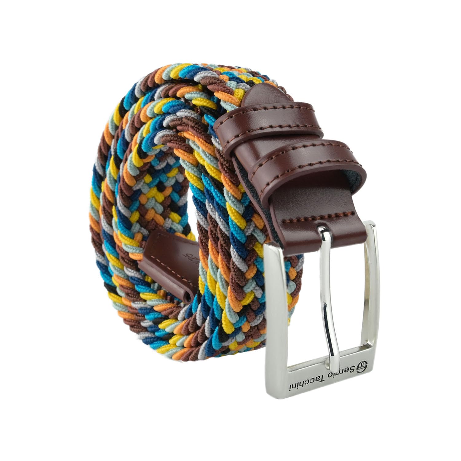 Sergio Tacchini Braided Elastic Belt for Men and Women with Genuine Leather Inserts, Gift Box, Multicolor Yellow Orange, 125 (taglia 54/56)