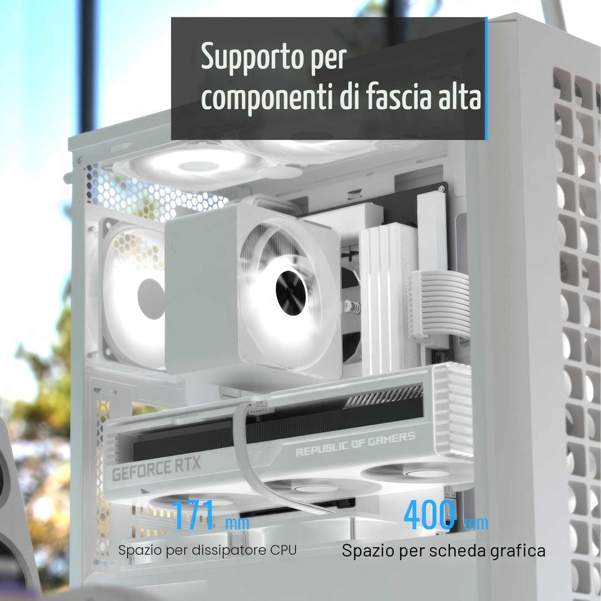 AeroCool Custodia Mid Tower D502A, pannello frontale in rete, supporto radiatore da 360 mm, 11 slot per ventole, GPU 400 mm, ATX/m-ATX/mini-ITX, filtri antipolvere magnetici, struttura in acciaio SPCC