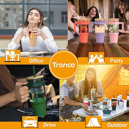 Miniatura 5 de tronco Vaso de vidrio de 40 onzas con popote y tapa, vaso de vidrio reutilizable con asa, taza de café helado con tapa de bambú, botellas de agua de