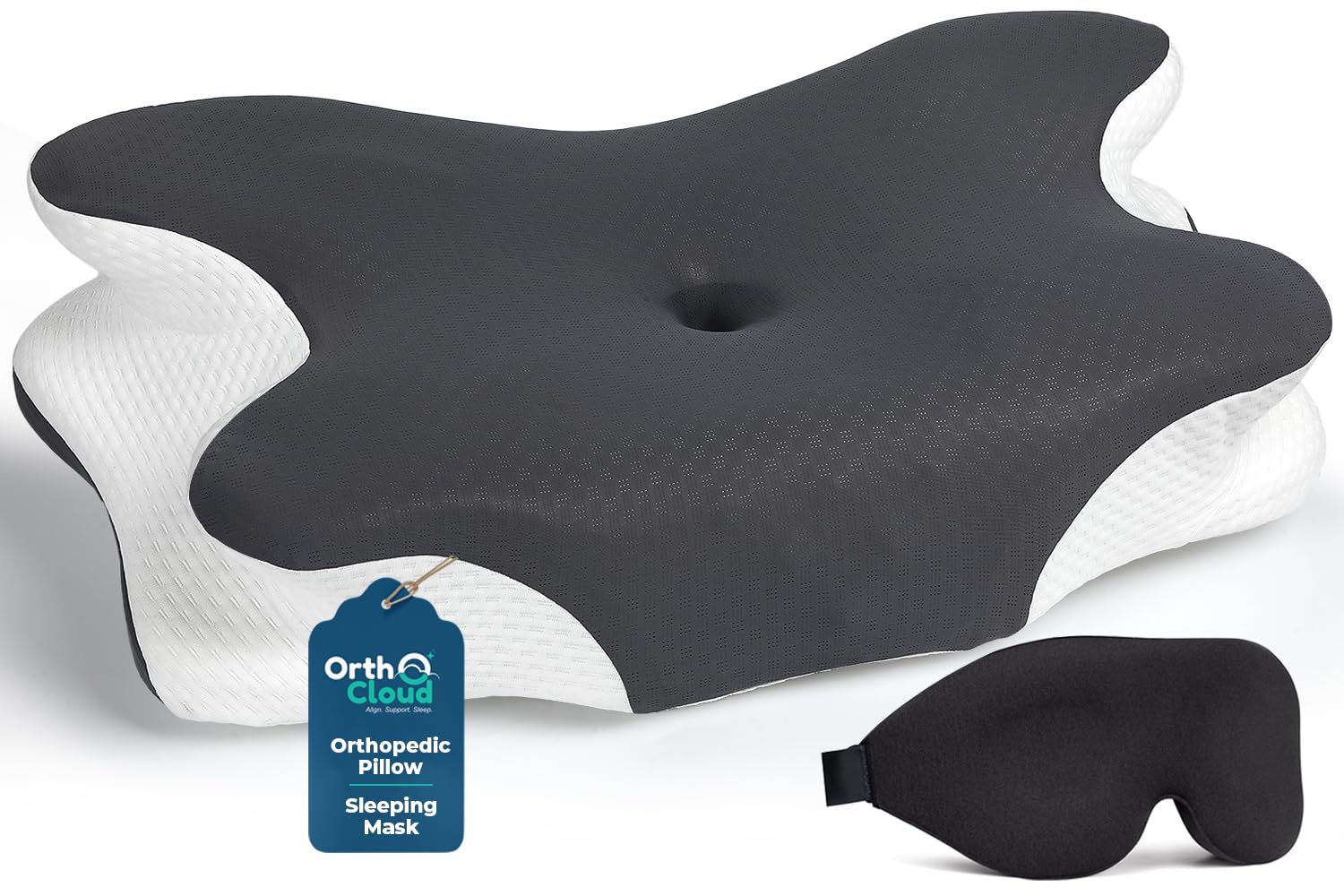 Orthocloud Grey & White Orthopedic Pillow For Neck And Shoulder Pain, Cervical Memory Foam Neck Pillow, Back & Front Sleeper, Ergonomic Butterfly Pillows - Free Eye Mask For Deep Sleep