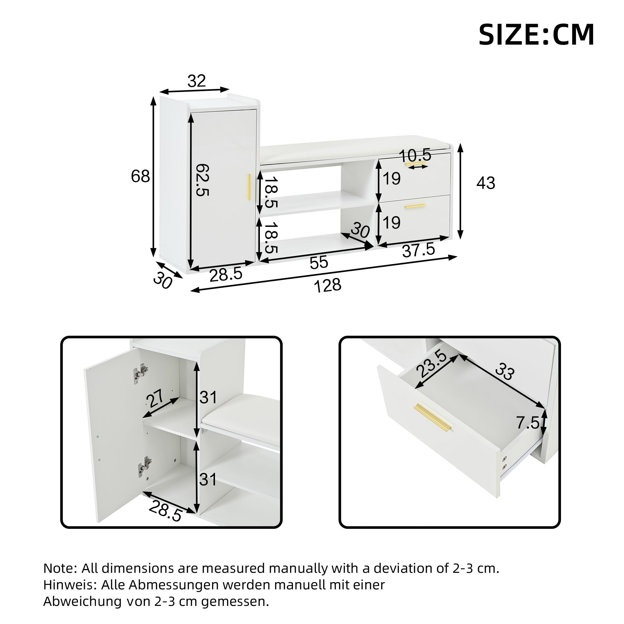 128 x 30 x 68 cm, zapatero con 2 cajones, 1 armario, bancos con acolchado y espacio de almacenamiento, adecuado para salón, pasillo, oficina, color blanco