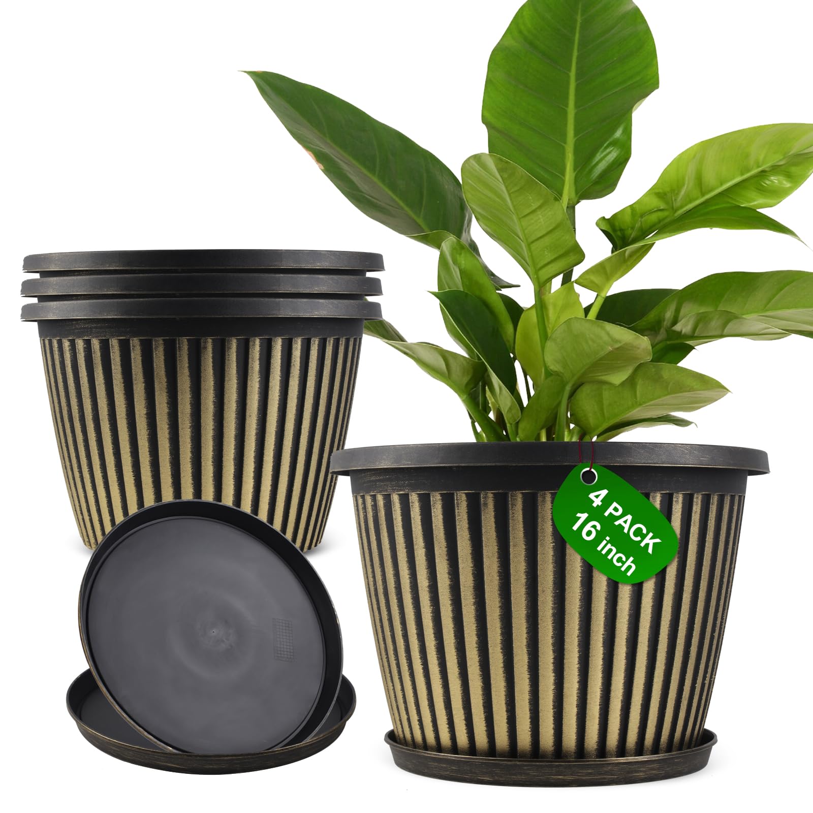 Large-Planter-Indoor-Outdoor Plant Pots, 16 inch 4 Pack Plastic Flower Pots with Saucer And Drainage Holes, Modern Garden Planters For Planting Medium
