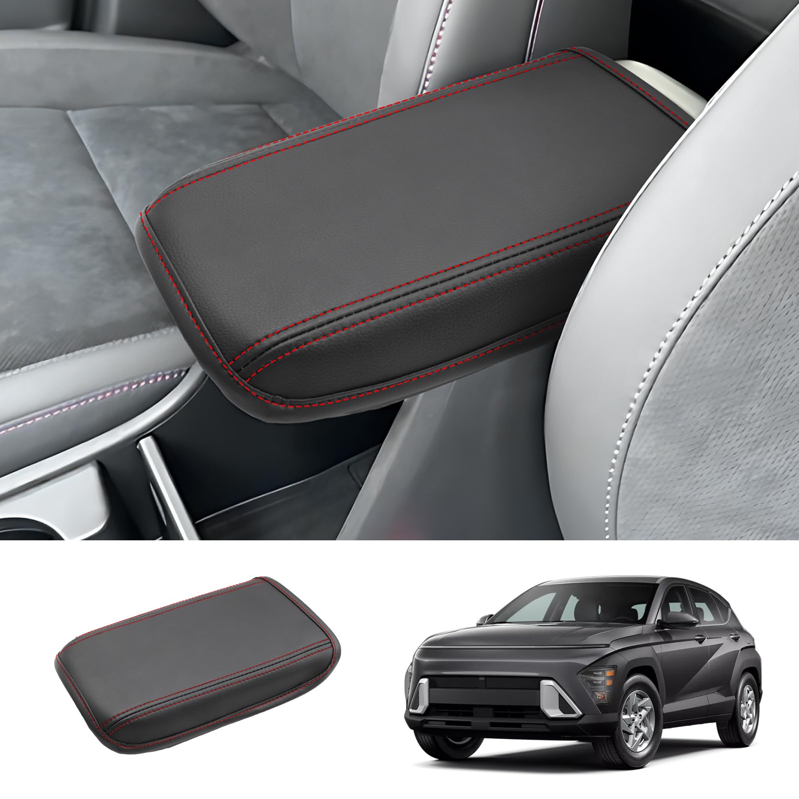 2024 2025 Kona Accessories Center Console Cover for Hyundai Kona (SE/SEL/SEL Convenience/N Line/Limited), Waterproof&Comfy Kona Armrest Cover 2024 2025 Kona Accessories (Leather-Red Stitching)