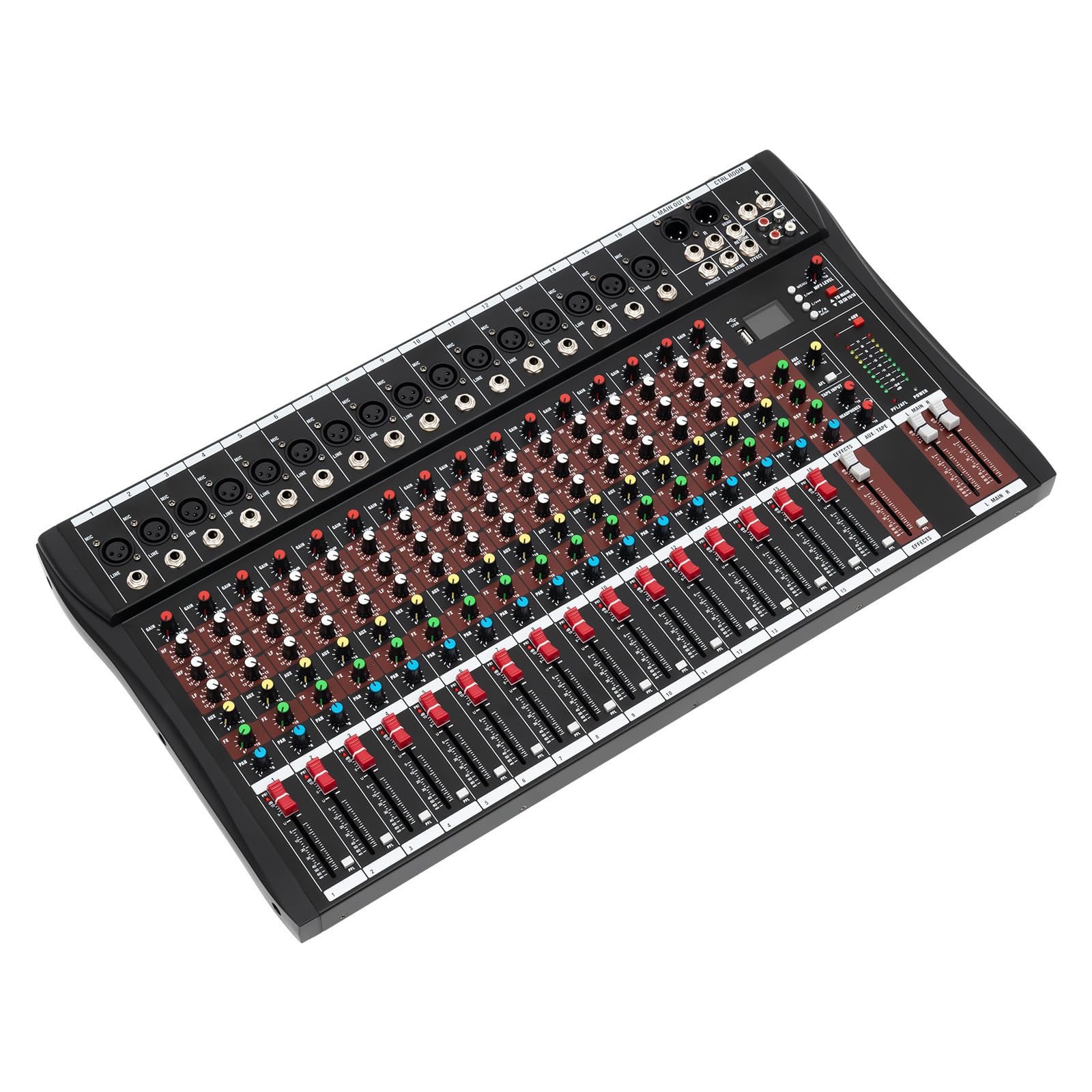 Professional Audio Mixer, Audio Interface Sound Board Mixing Console with 48v Phantom Power, 16 Channel Mixer Audio Reverb Effect for Live Show, Streaming Recording, USB Slot & Led Screen, Heat Sink