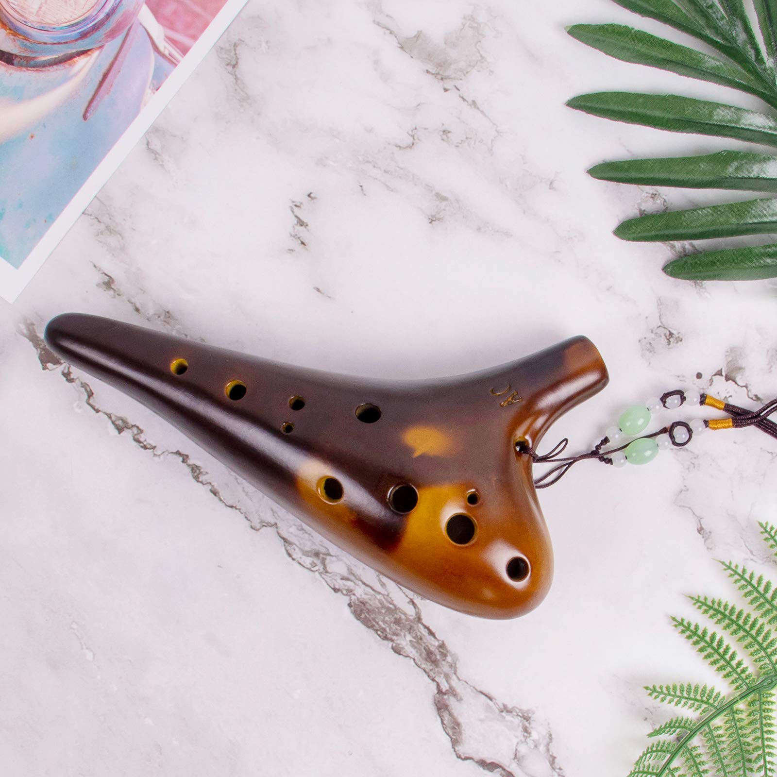 Horse Ocarina 12 trous Alto C Céramique avec sac de transport Sangle pour livre de musique (Marron)