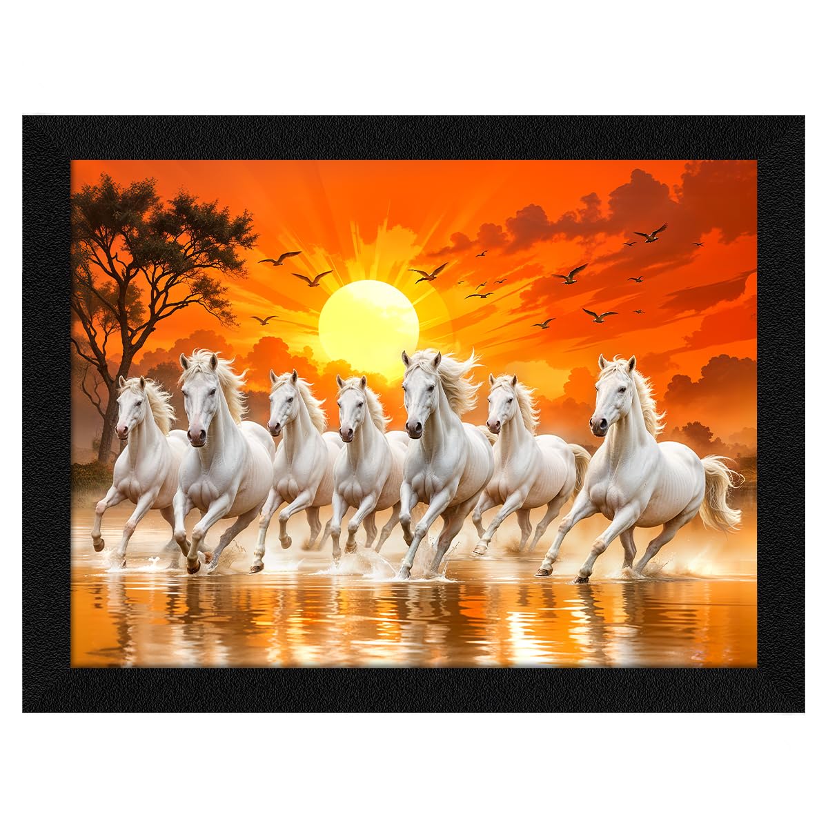ArtX Paper 7 Horses Vastu Frame Wall Art Painting, White Running Horses On Water Painting Vastu With Rising Sun Wall Decor, Multicolor, Nature, 13.0 X 10.0 inch, Set of 1