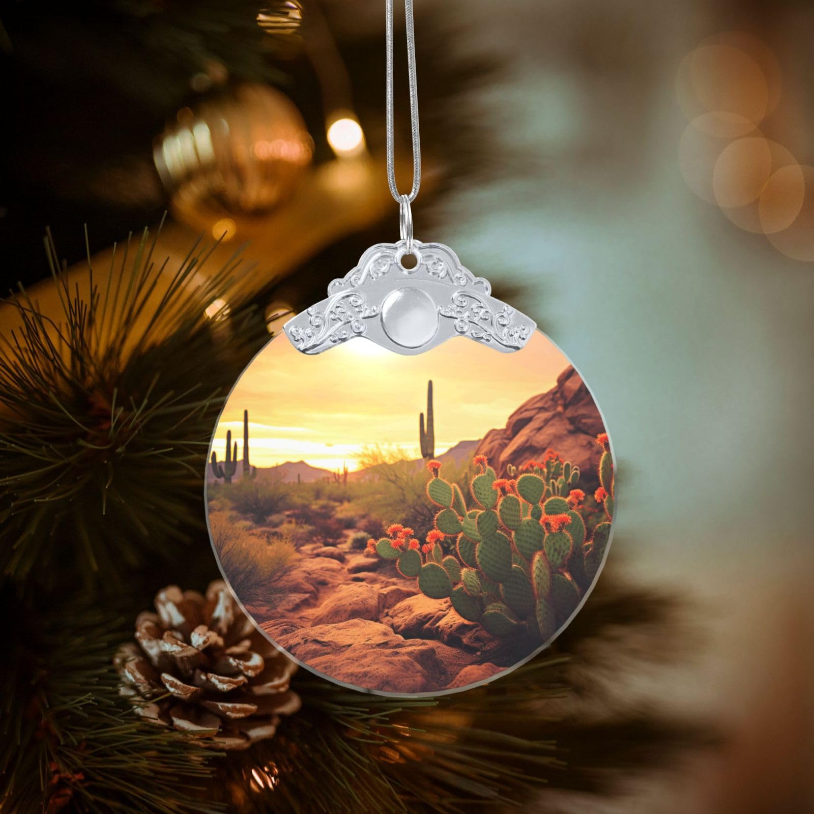 Crystal Christmas Ornaments for Christmas Tree Decoration Hanging Cactus at Sunset Poster Ornament with Gold Ribbon Crafts Round Pendant for Keepsake Gifts Glass Xmas Decor Party Supplies