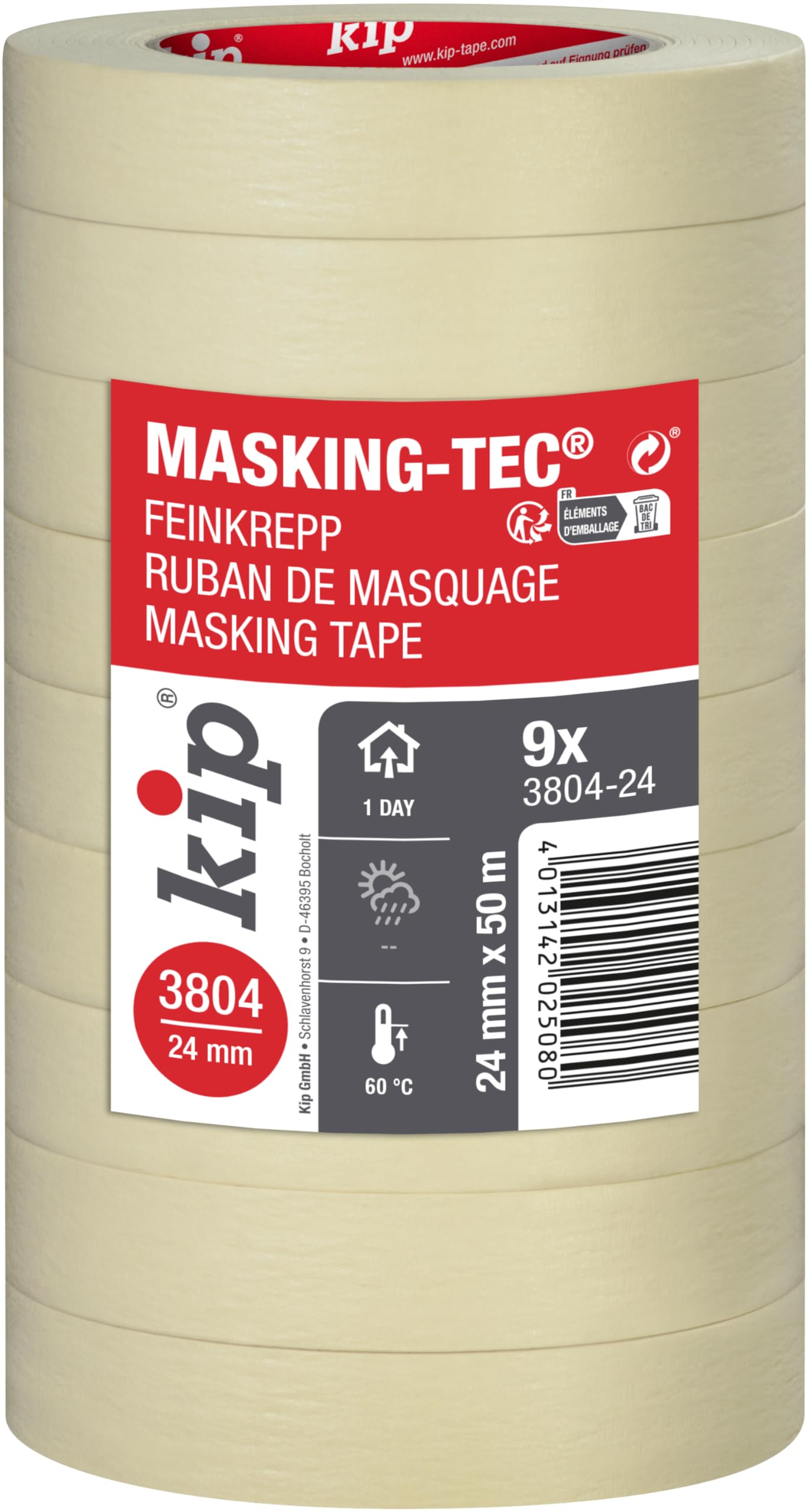 Kip 3804 Masking Tec Feinkrepp im 9er Pack - Malerkrepp 24mm x 50m – Kreppband für Malerarbeiten und Dekoration – Abklebeband für Malervlies, Streichen, Lackieren & Abdeckfolie – natur