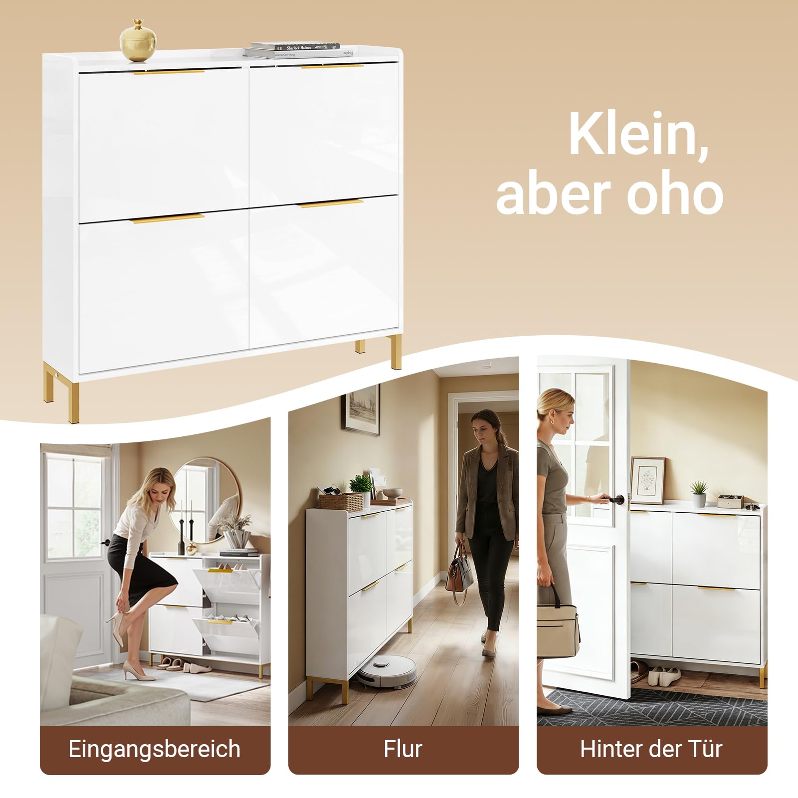SoBuy Schuhschrank Schmal Schuhkipper Schmal mit 4 Klappen– Hochglanz Weiß mit Goldgriffen, 19cm Tiefe, Flur & kleine Wohnung, MDF+Eisen, 25kg Belastung, B100xH88,5xT19cm, FSR206-GW