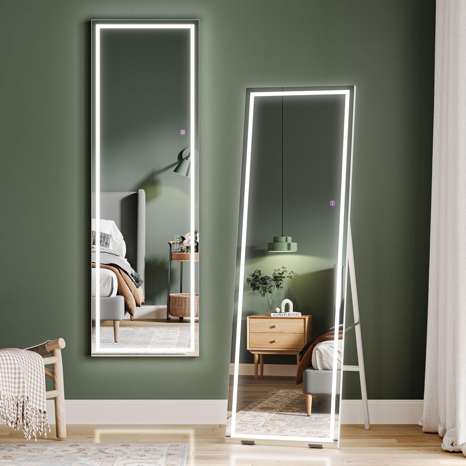 Miroir sur pied 160x50 cm, Miroir pleine longueur en ondulé irrégulier, Miroir mural avec cadre