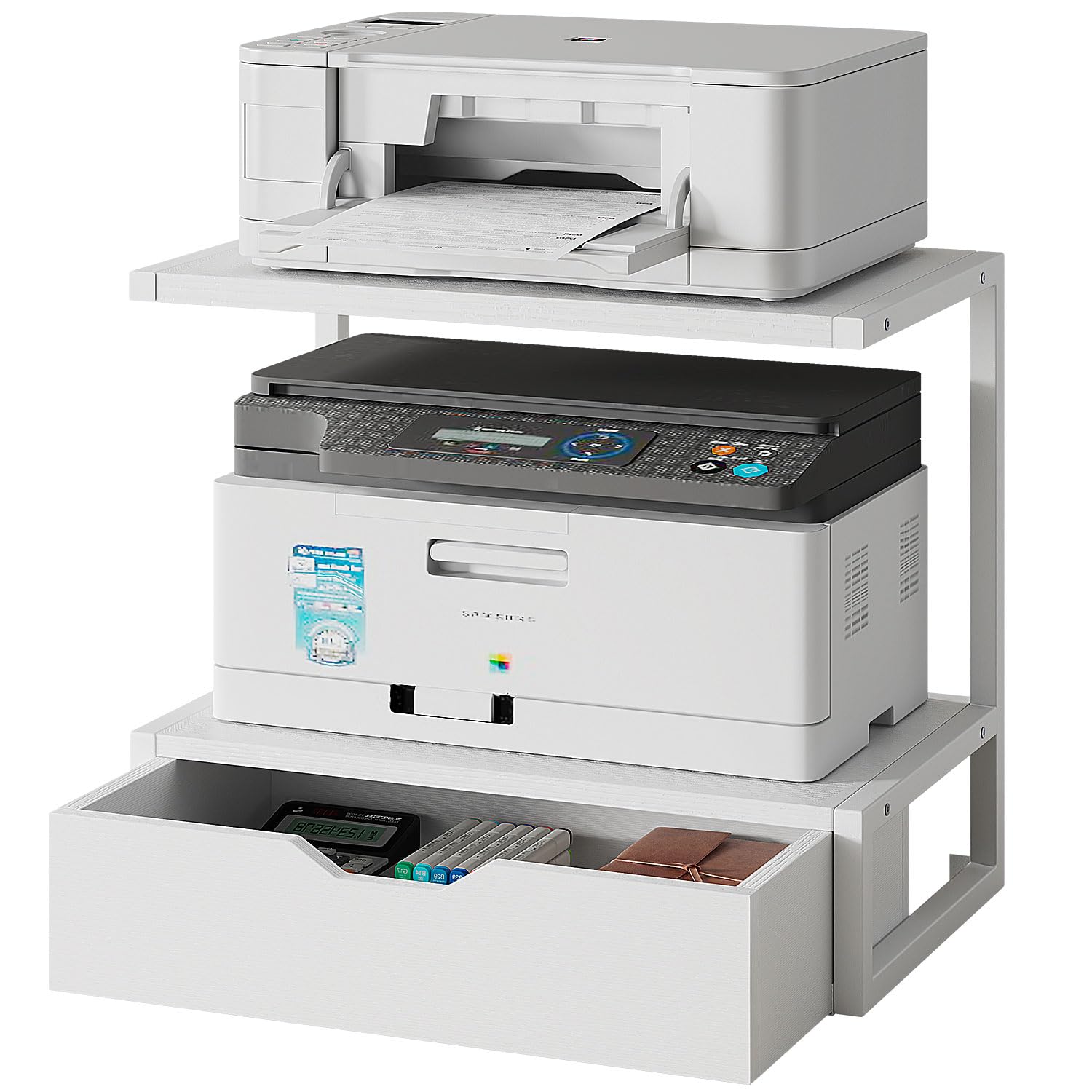 IBUYKE Soporte de impresora de escritorio de 2 niveles, mesa de impresora con estante de almacenamiento, organizador de escritorio