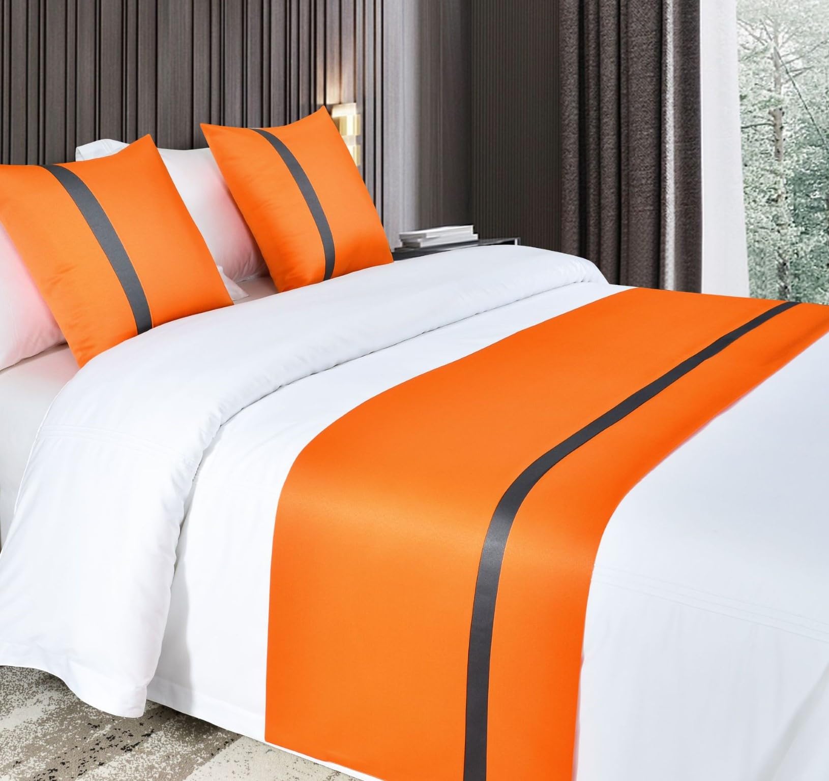 HLASMSPE Soft Bed Scarf Runner, Polyester Satin Bedding Throw Cover Stripe, Fashion Bedspreads Decor Towel for Hotel Wedding, Orange, 50 * 240cm for 1.8m Bed