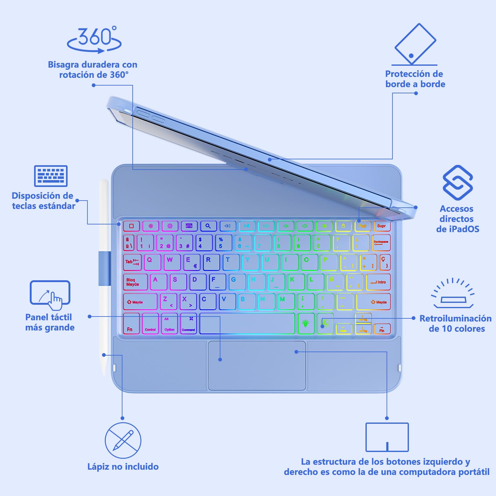 TQQ Funda con Teclado para iPad 11ª Generación A16 2025 y 10ª Generación 2022, con Gran Trackpad de Precisión, Retroiluminado de 10 Colores Estilo Portátil, QWERTY Español Ñ
