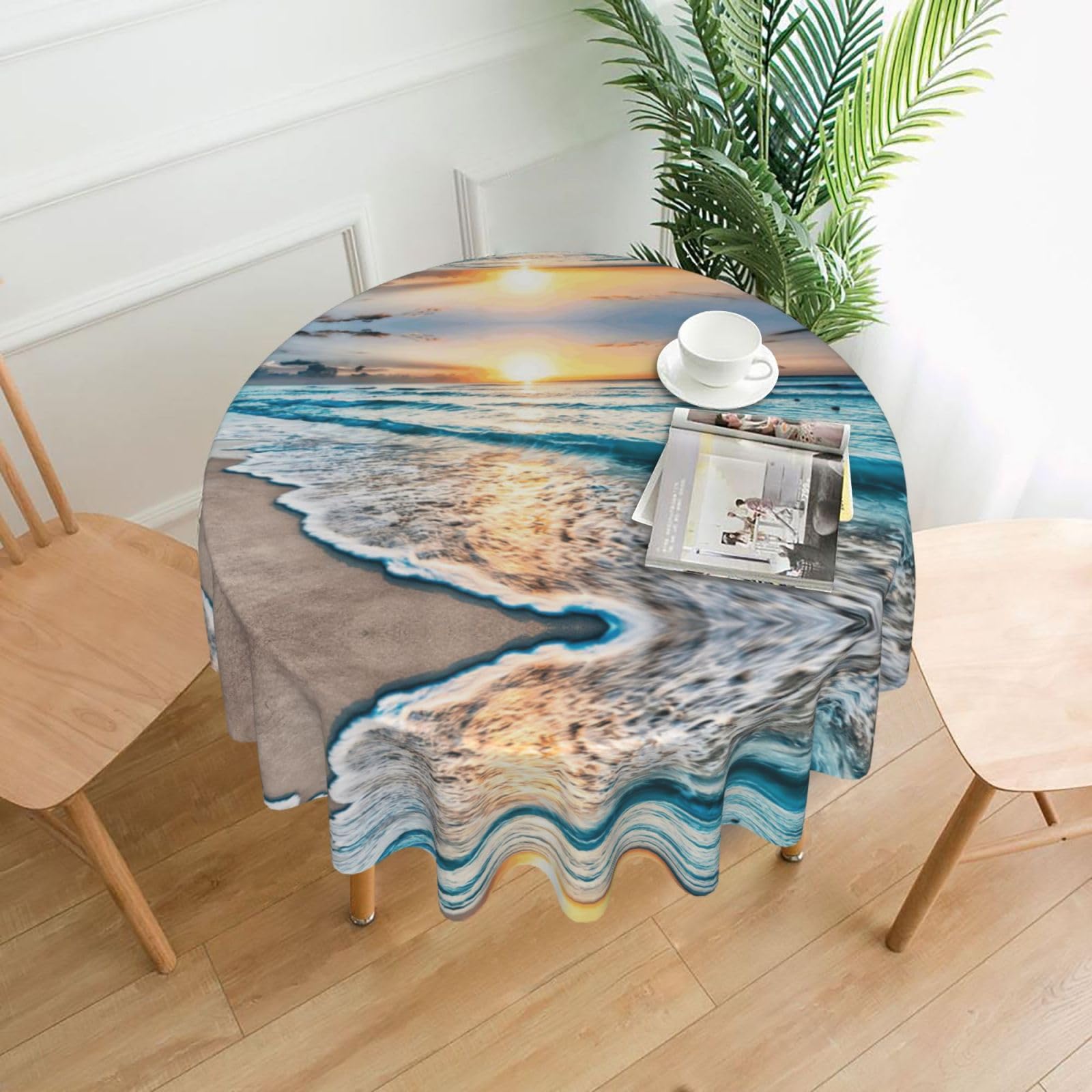 Zcmkjlg Beach Sunset Ocean Print Quick Ship Round Tablecloth 60in Polyester Washable Cover for Dining Room