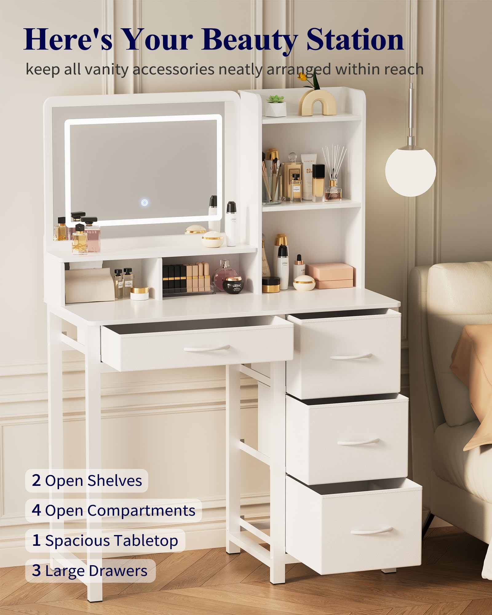 Condition photo showing New/Like New for kitsure vanity desk with mirror and lights - large capacity makeup vanity with 4 fabric storage drawers & 3 lighting modes, vanity table set with sturdy metal frame for bedroom, white, 35" x 17" x 52"