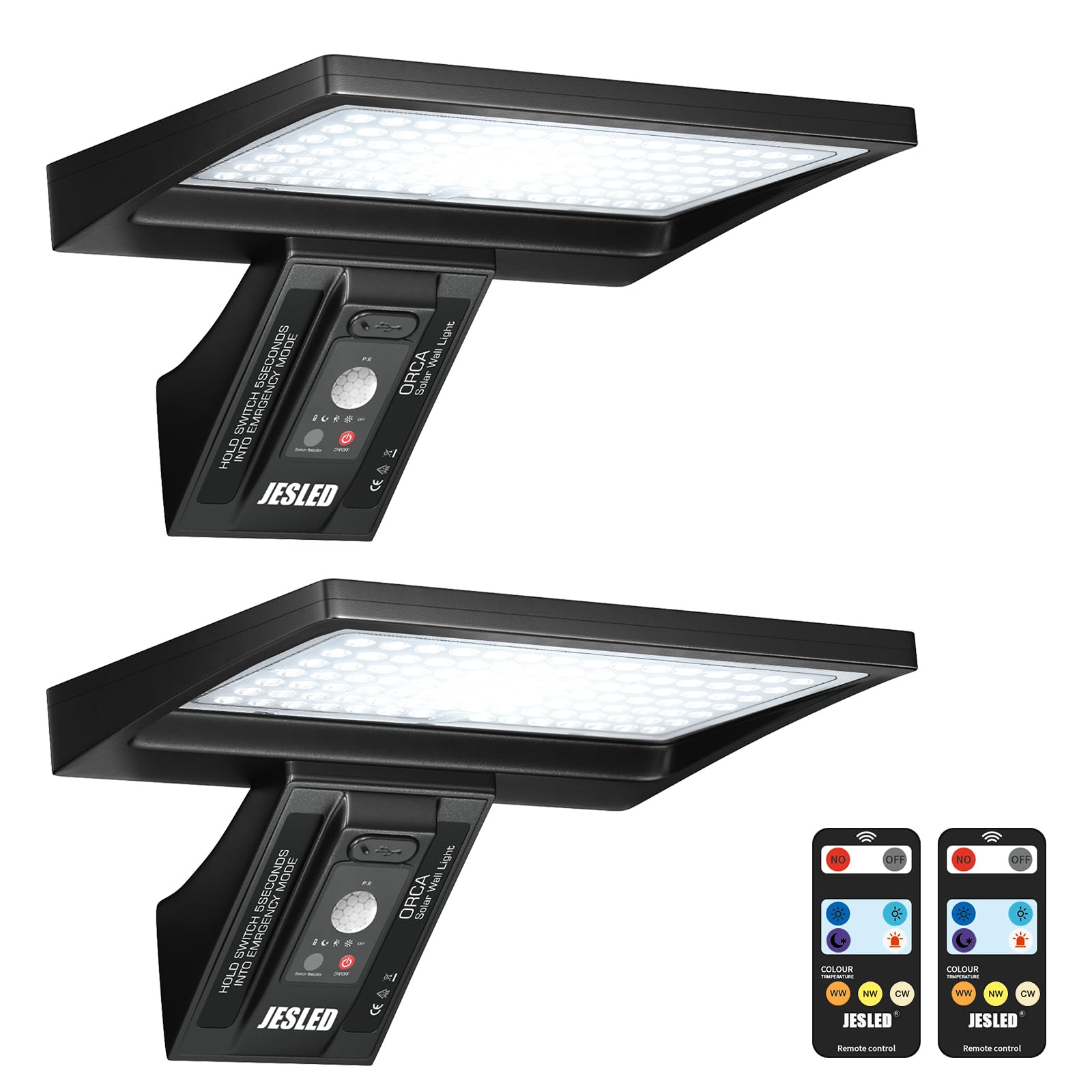 JESLED Luce Solare con Sensore di Movimento, 104LED Luce Solare LED Esterno con Telecomando, IP65 Impermeabile, 3 Colori, 4 Modalità Luci Solari da Esterno per Cortile, Garage, Giardino, 2 Pezzi