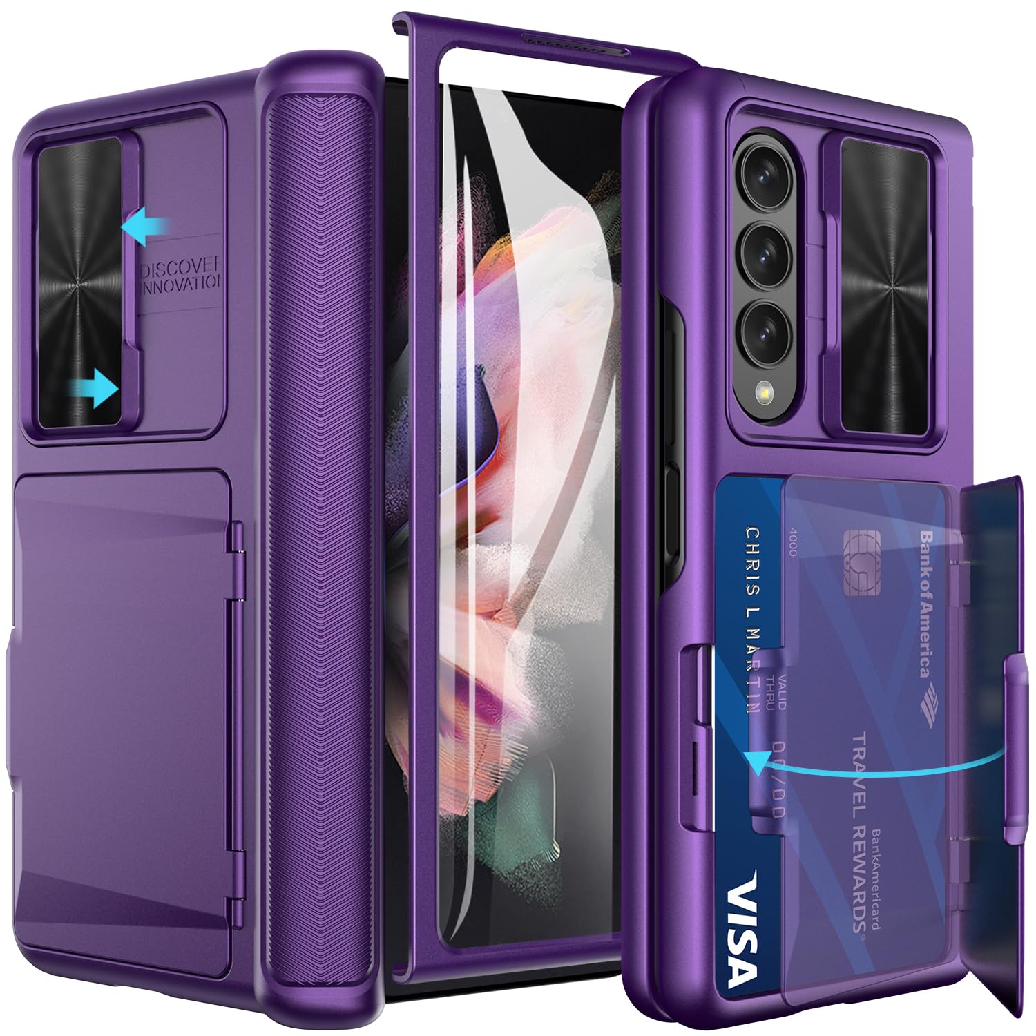 Vihibii for Samsung Galaxy Z Fold 3 5G Case with Hinge Protection, Built-in Card Holder & Kickstand & Slide Camera Cover & Screen Protector, Multifunction Case for Samsung Galaxy Z Fold3 (Dark Purple)