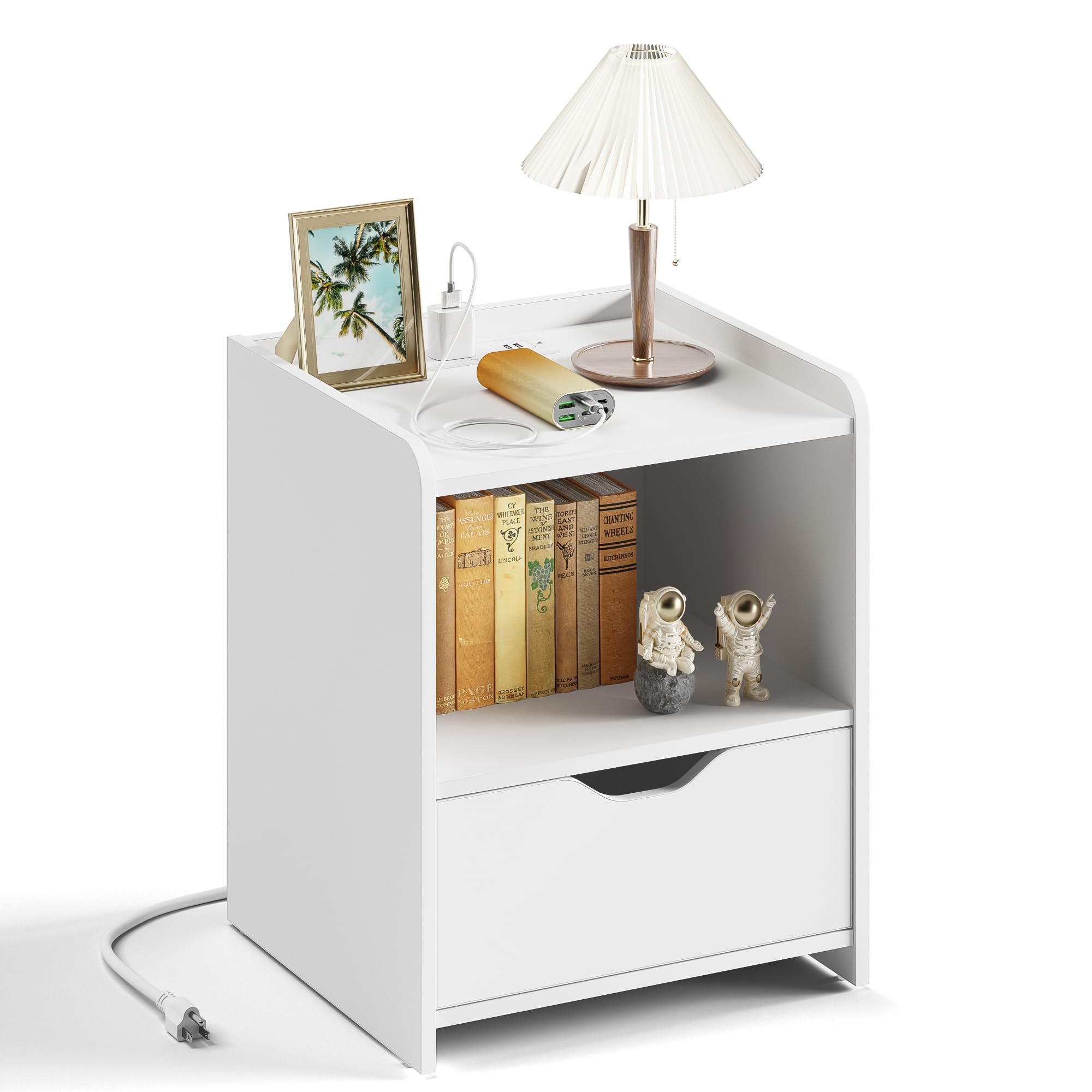 SZQINJI White Nightstand with Charging Station, Bedside Table with Drawers Small Nightstand, Bedroom Nightstand with One Drawer and Protective Edge